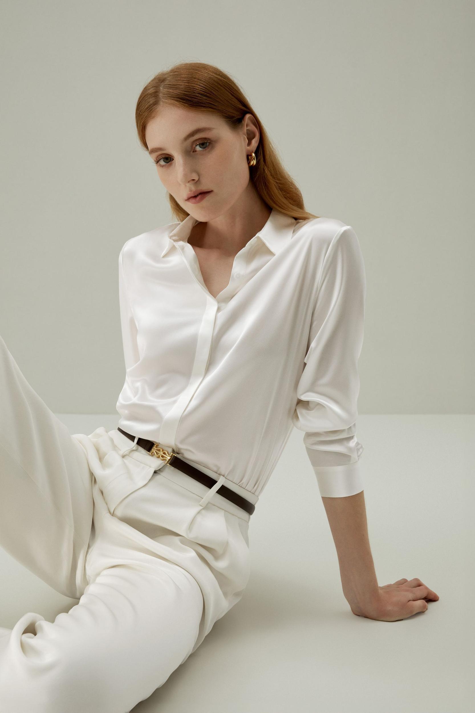 Basic Concealed Placket Silk Shirt Product Image