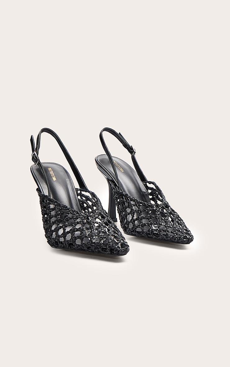 Black Pu Point Toe Woven High Heeled Sling Back Courts Product Image