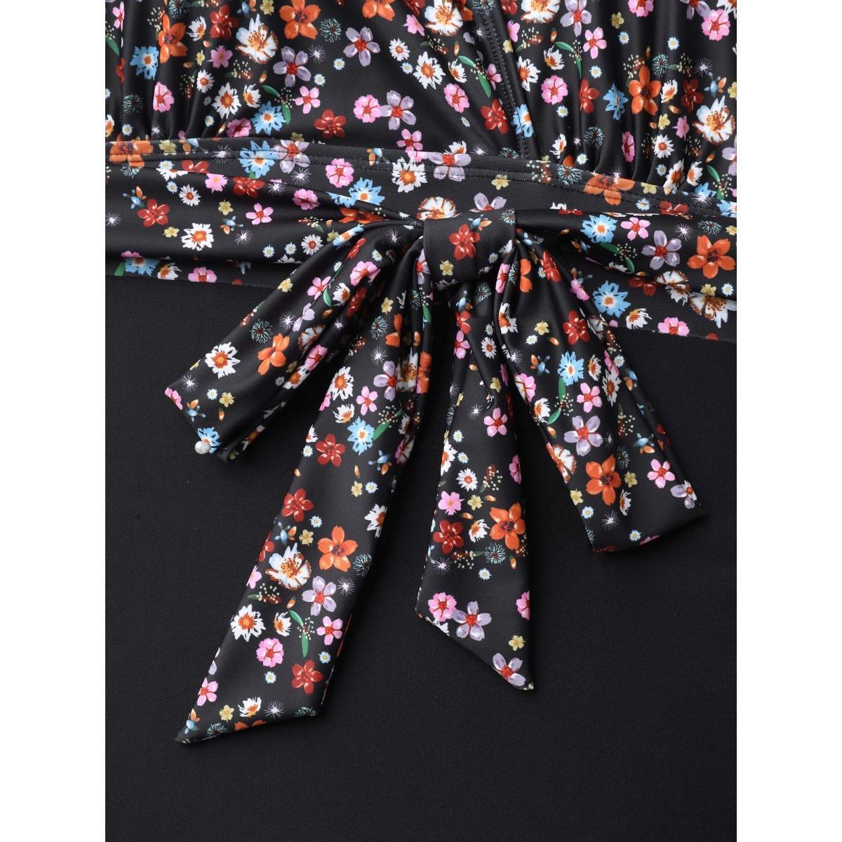 Plus Size Floral Tied Waist Defining One-Piece Swimsuit Women's Swimwear Black Beach Tie knot Curve Bathing Suits High stretch One Pieces BloomChic 12/L Product Image