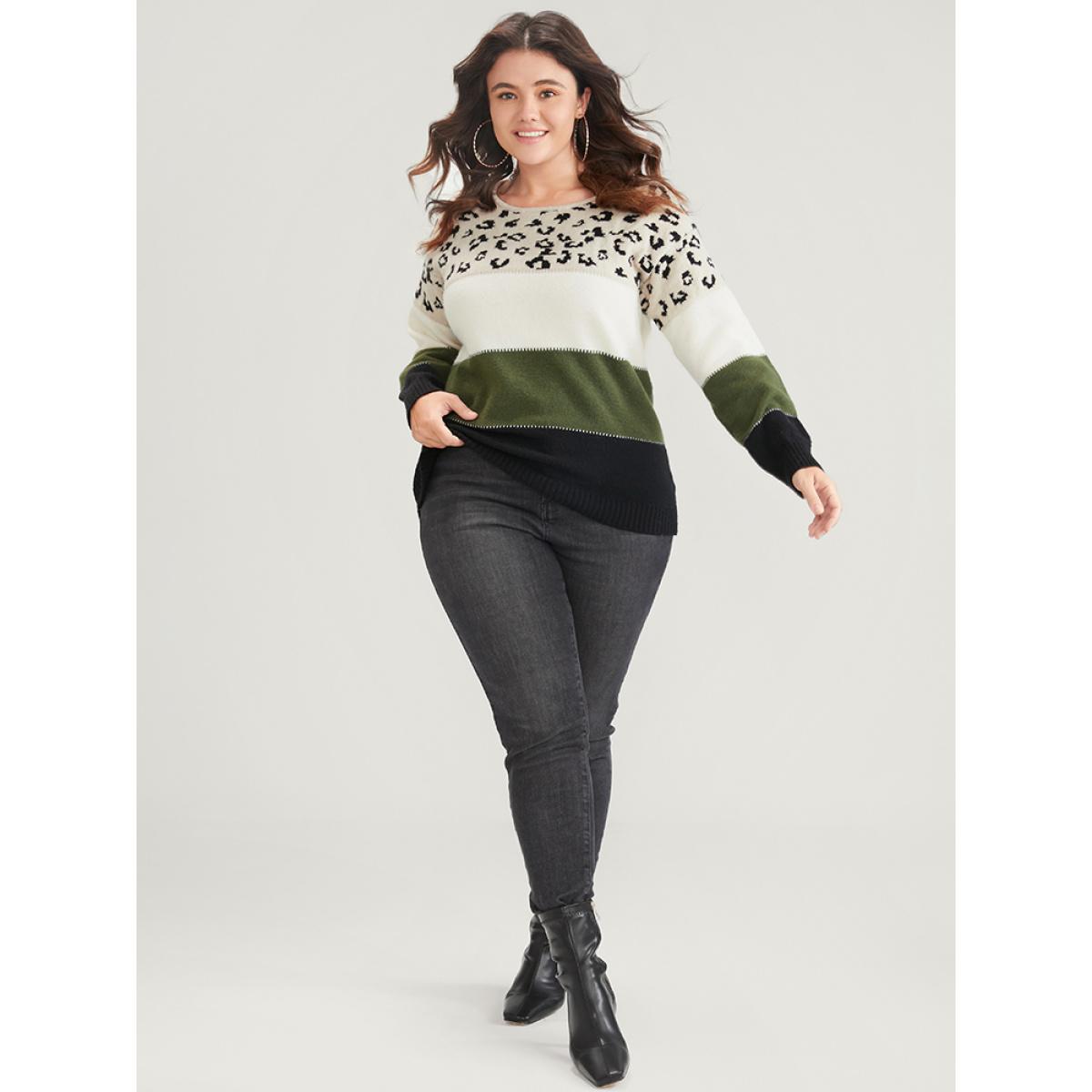Plus Size Leopard Colorblock Contrast Pointelle Knit Round Neck Knit Top Multicolor Women Casual Long Sleeve Round Neck Dailywear Pullovers BloomChic 28/5X Product Image