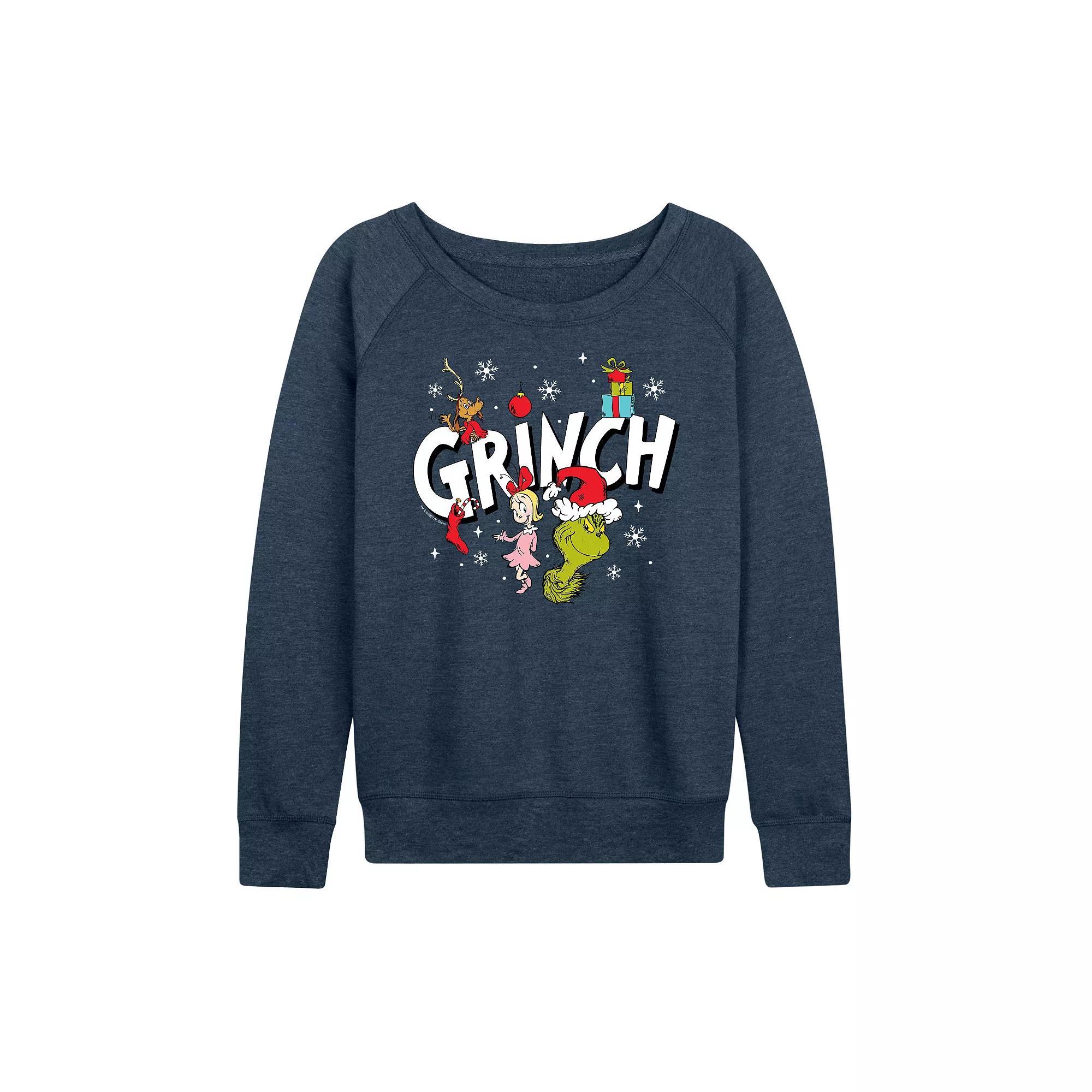 Womens Dr. Seuss The Grinch Logo Group French Terry Long Sleeve Tee, Girls Grey Indigo Product Image