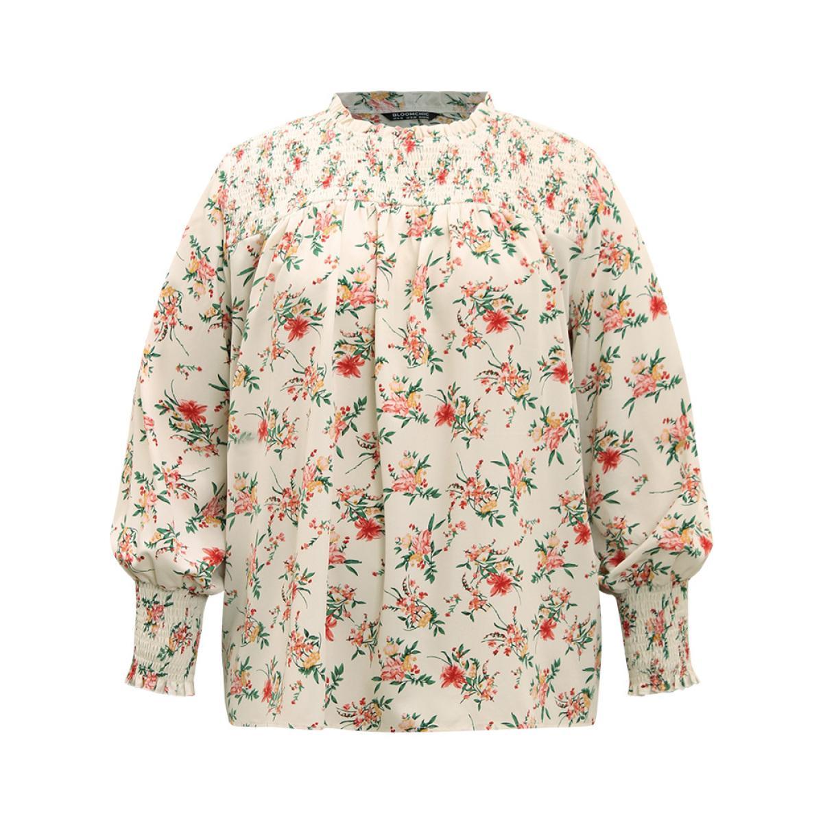 Plus Size White Floral Print Shirred Frill Trim Blouse Women Elegant Long Sleeve Round Neck Dailywear Blouses BloomChic 18-20/2X Product Image