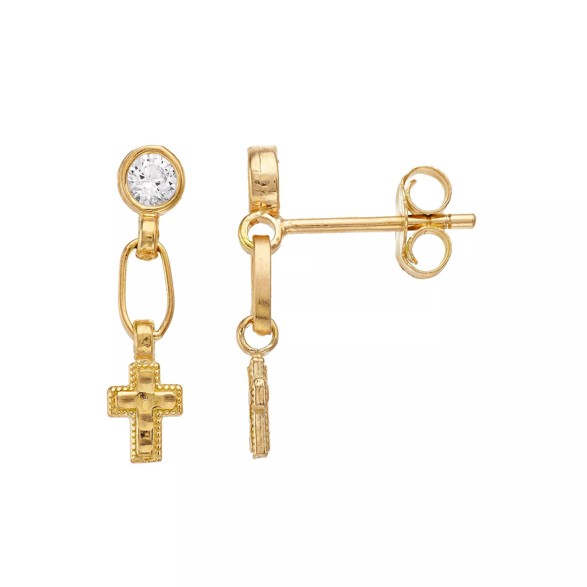 Kristen Kesho Sterling Silver Lab-Created White Sapphire Dangle Cross Drop Earrings, Women's, Gold Tone Product Image