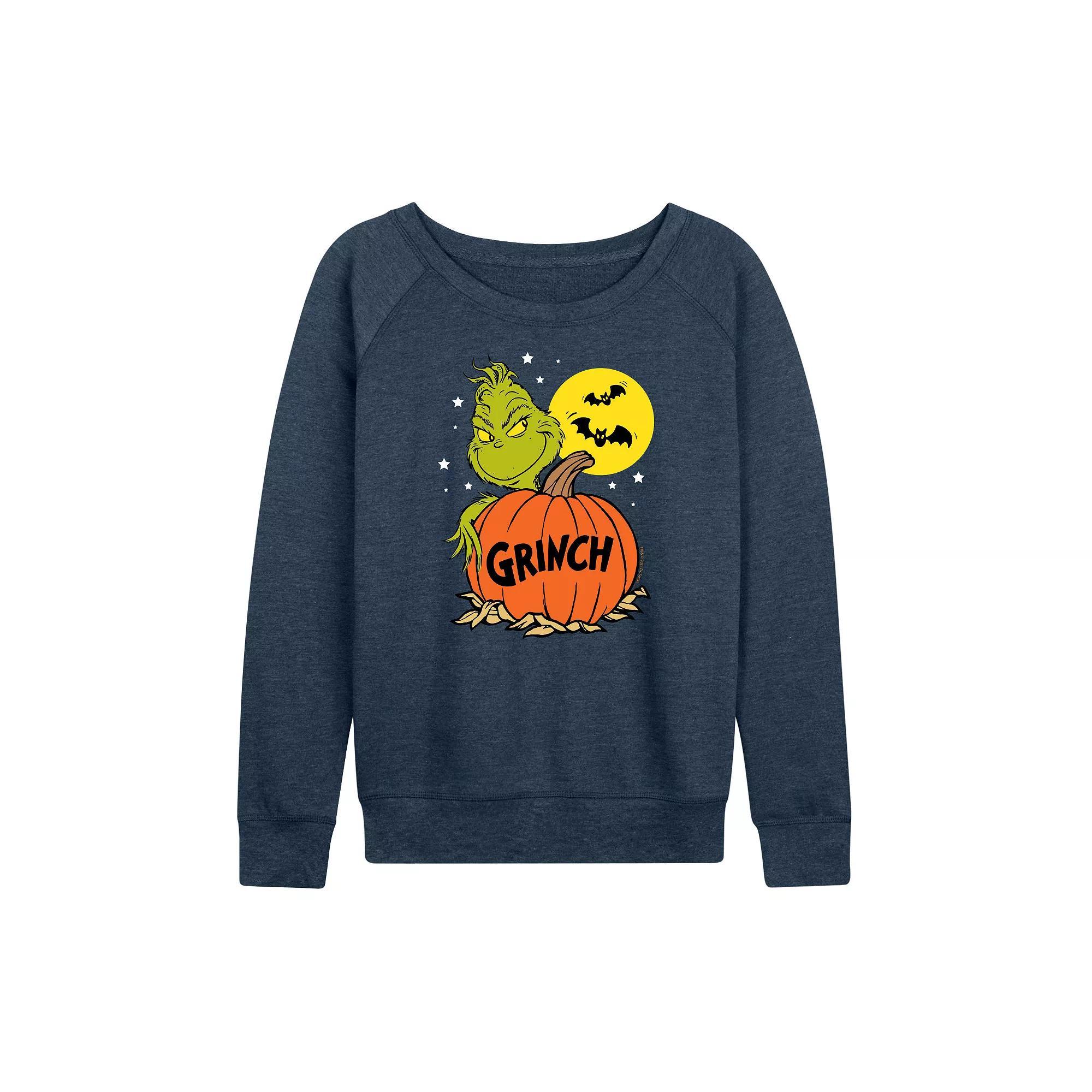 Womens Dr. Seuss Grinch Halloween Pumpkin French Terry Long Sleeve Tee Grey Indigo Product Image
