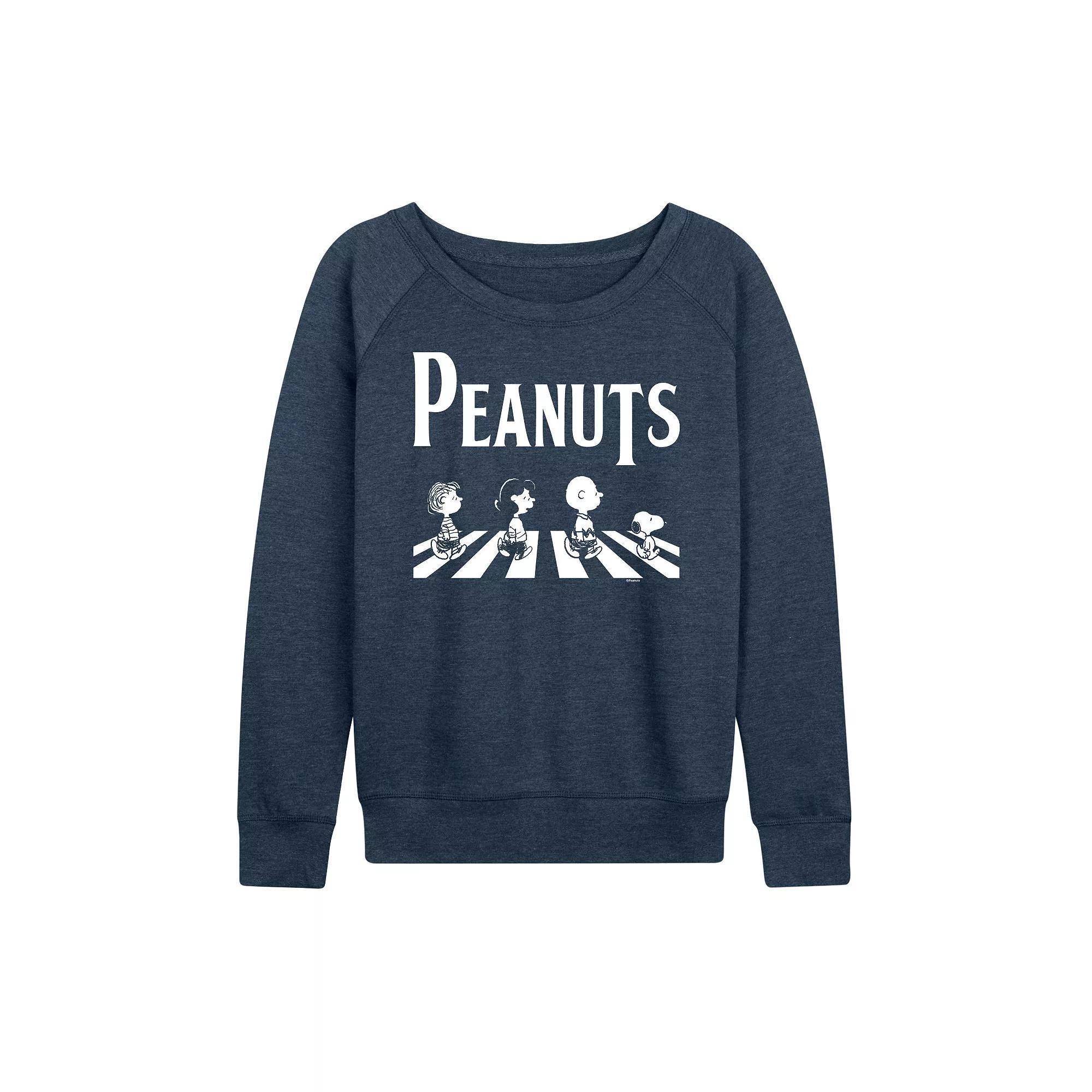 Womens Peanuts Crossing Road French Terry Long Sleeve Tee, Girls Grey Indigo Product Image