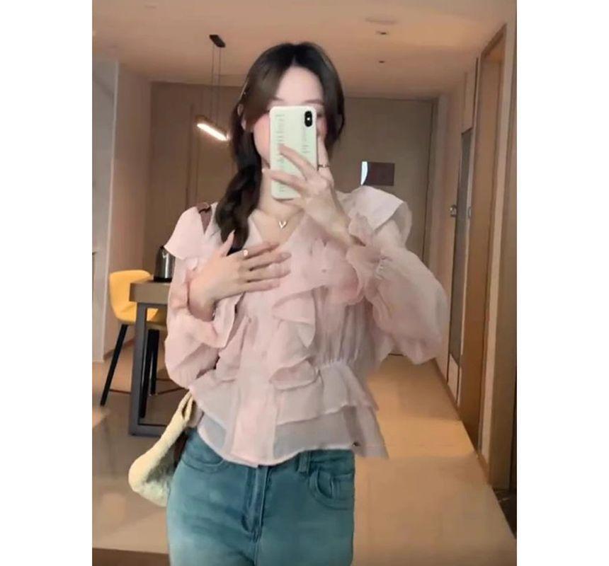 Long-Sleeve V-Neck Ruffle Plain Crop Blouse Product Image