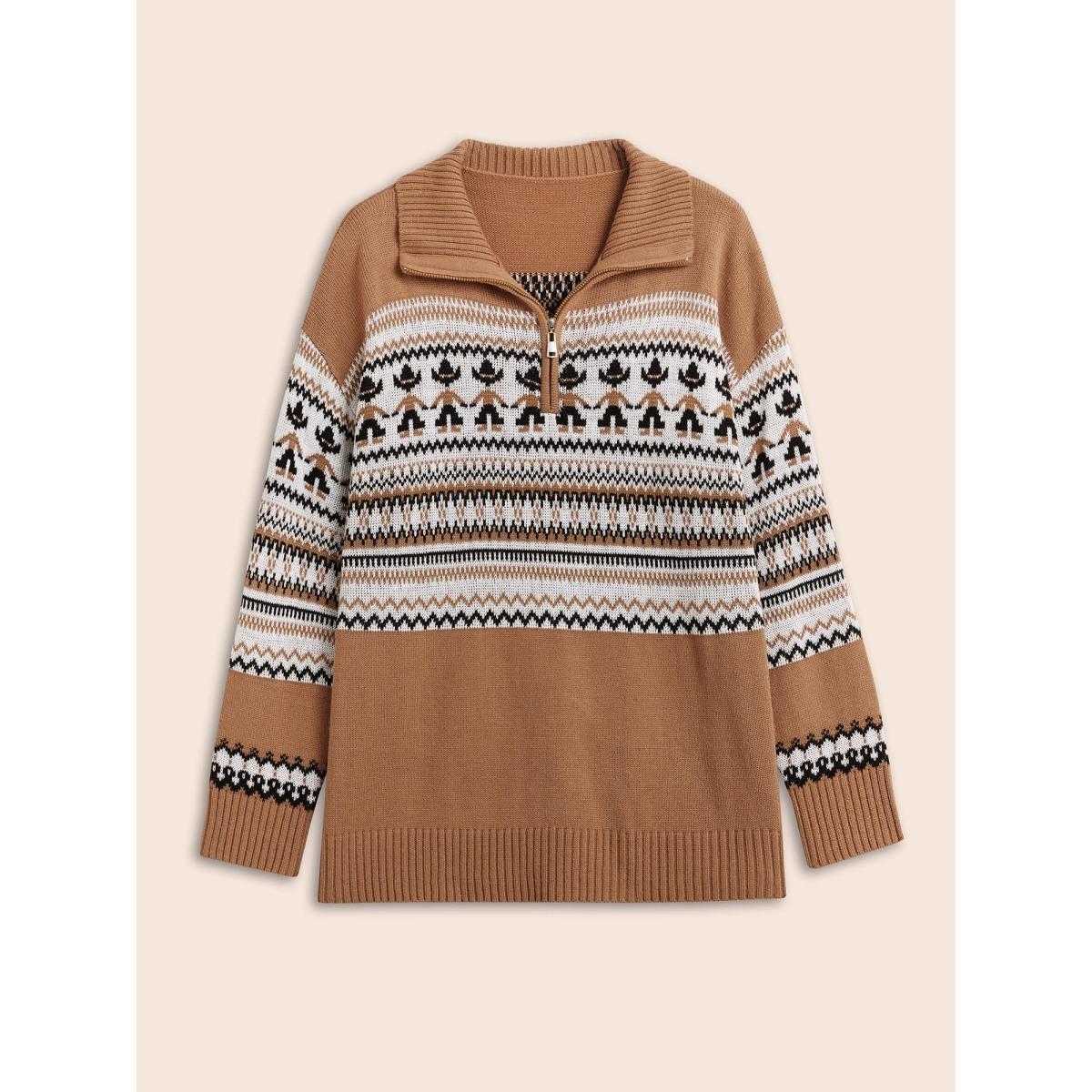 Plus Size Fair Isle Half Zipper Design Pullover Yellowishbrown Women Casual Long Sleeve Lapel Collar Everyday Pullovers BloomChic 18-20/2X Product Image