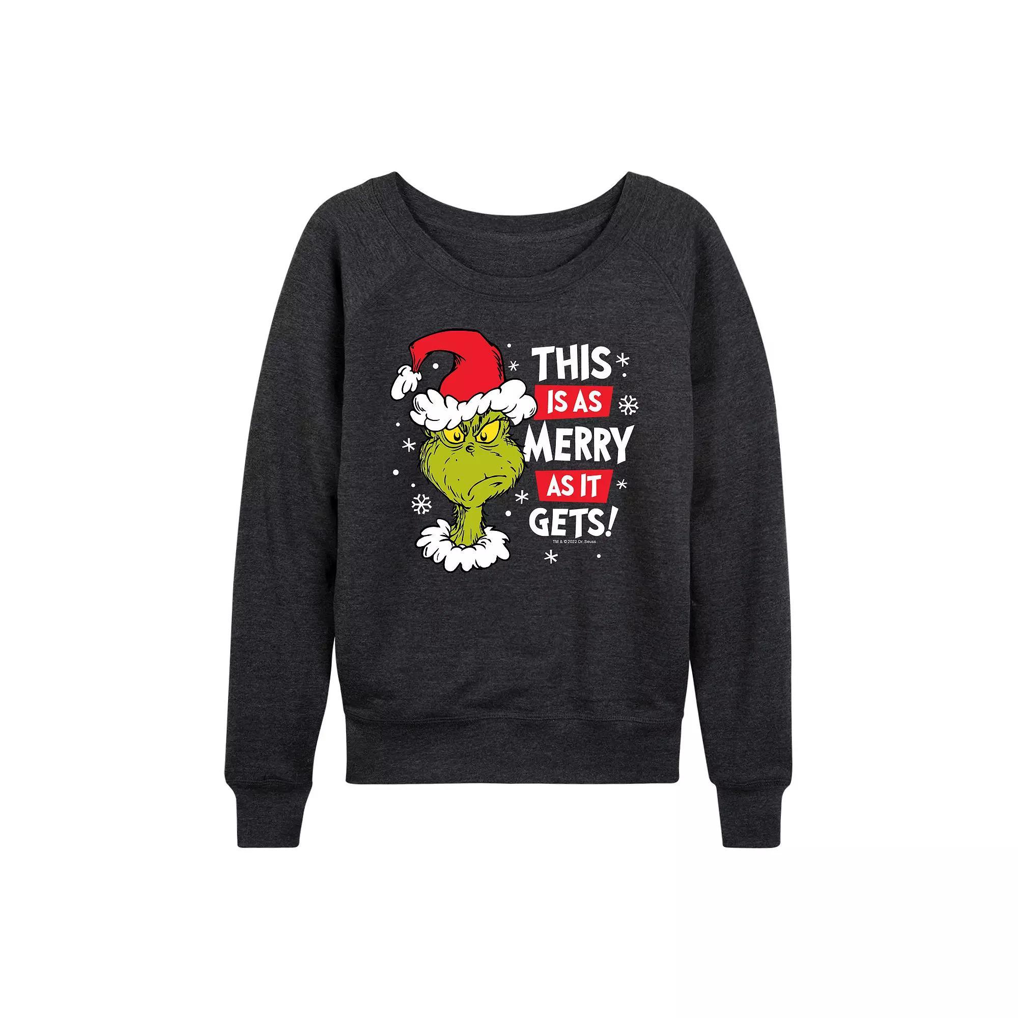 Womens Dr. Seuss The Grinch Merry As It Gets French Terry Long Sleeve Tee, Girls Heather Grey Product Image