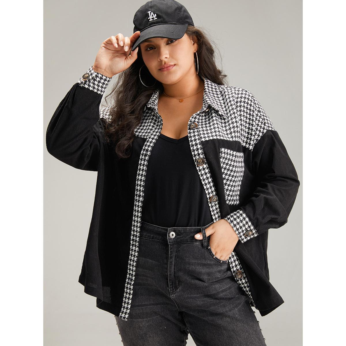 Plus Size Houndstooth Patchwork Pocket Button Through Corduroy Coat Women Black Casual Contrast Ladies Dailywear Winter Coats BloomChic 18-20/2X Product Image