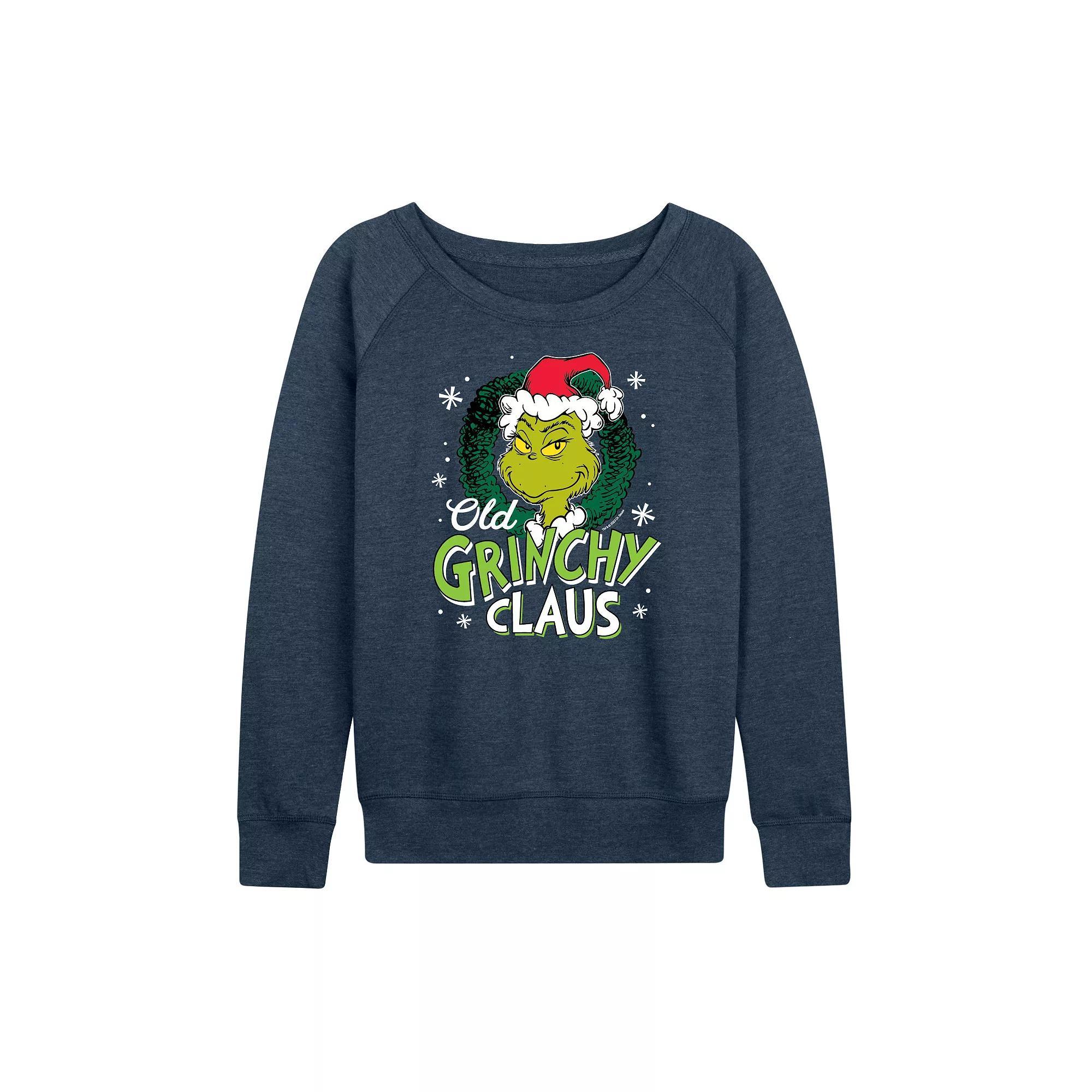 Womens Dr. Seuss Old Grinchy Claus French Terry Long Sleeve Tee Grey Indigo Product Image