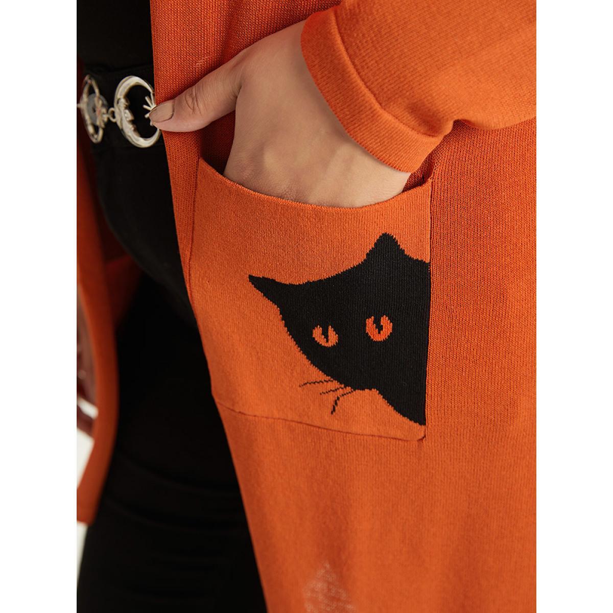 Plus Size Halloween Cat Print Split Side Patched Pocket Cardigan Coral Women Casual Loose Long Sleeve Festival-Halloween Cardigans BloomChic 10/M Product Image