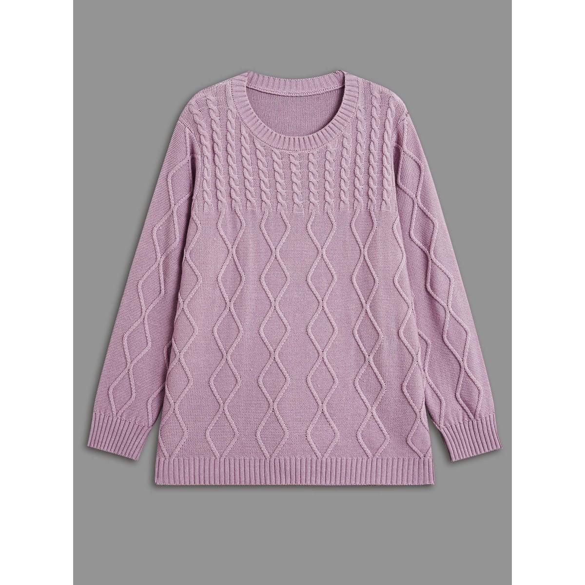 Plus Size Crew Neck Cable Knit Textured Pullover Lilac Women Casual Loose Long Sleeve Round Neck Everyday Pullovers BloomChic 12/L Product Image