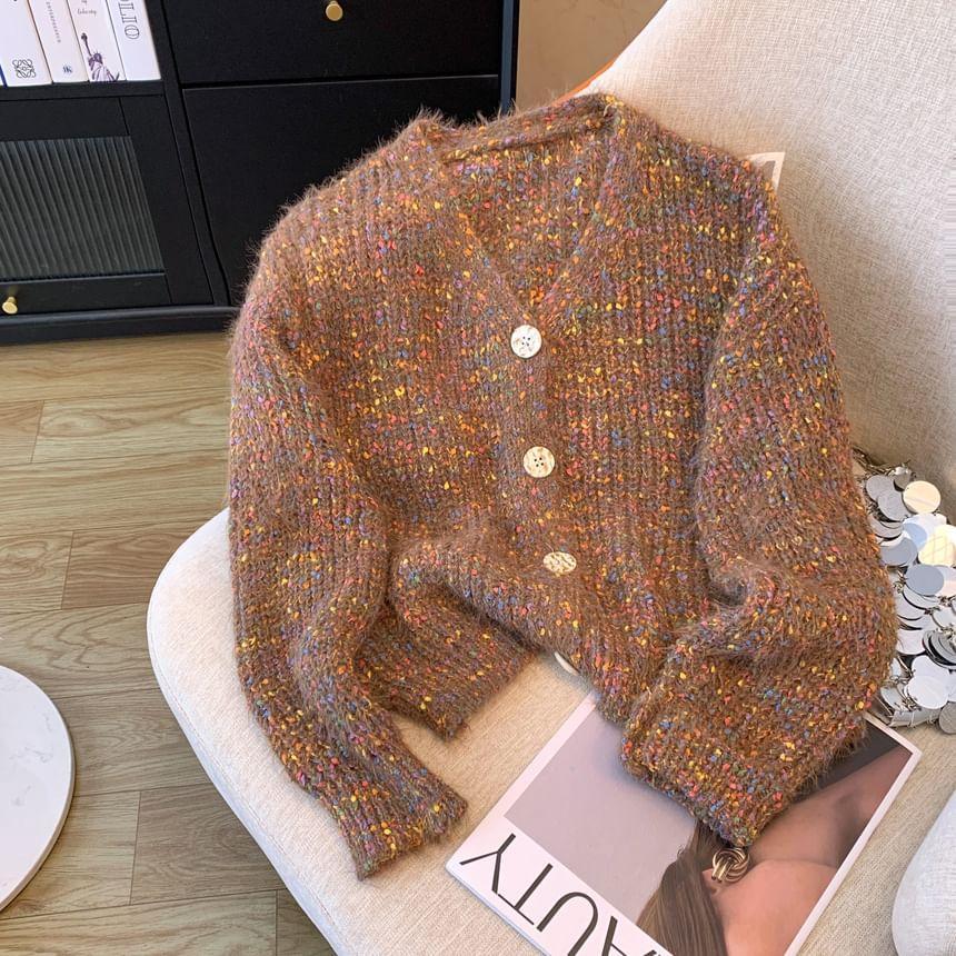 V-Neck Melange Button-Up Crop Cardigan Product Image