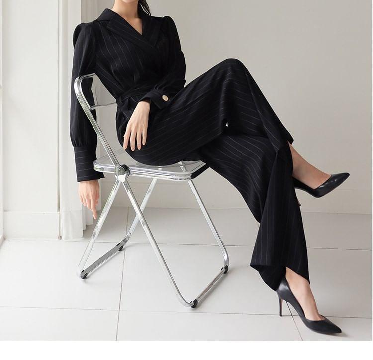 Puff-Sleeve Collar Striped Jumpsuit Product Image