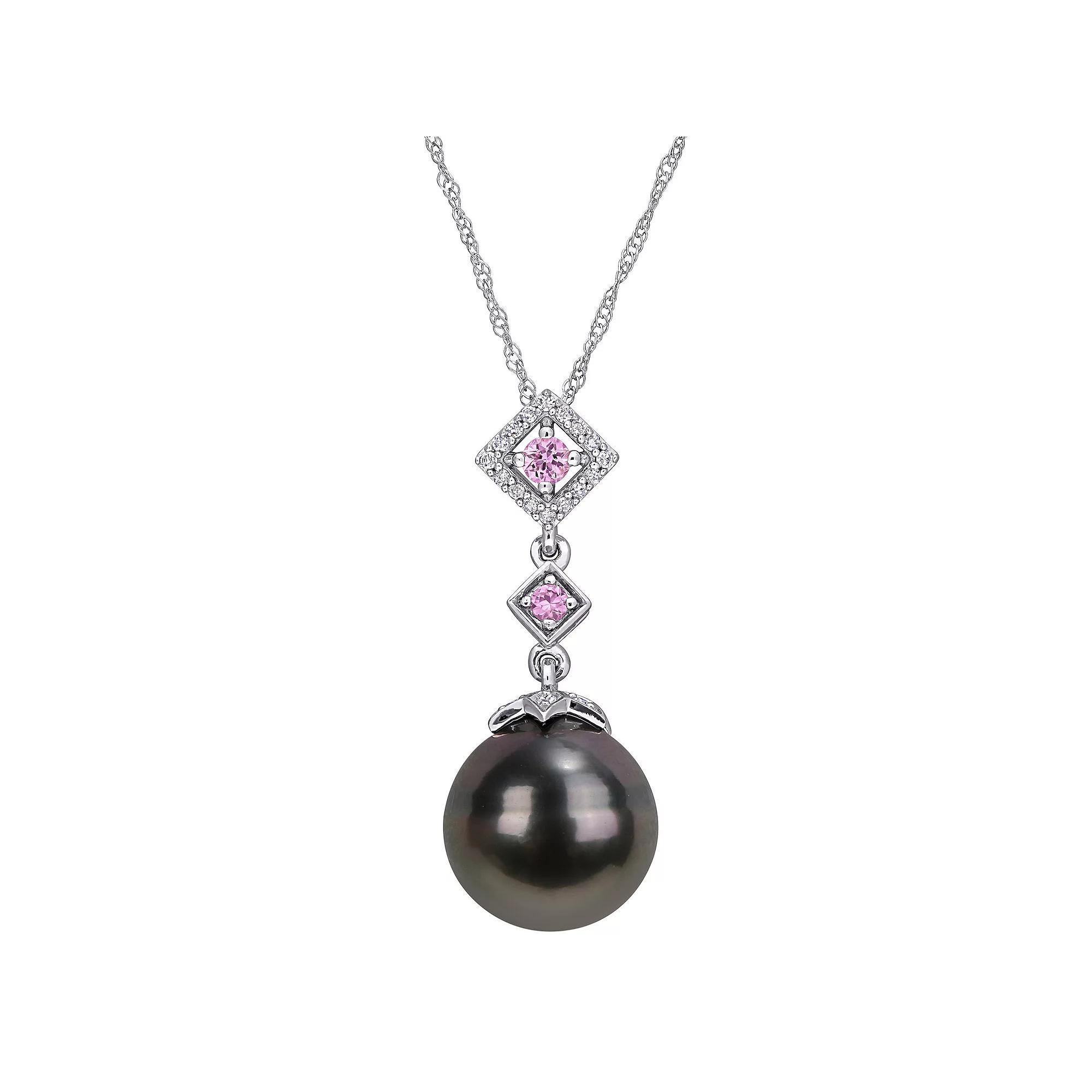 Stella Grace 10k White Gold 1/10 Carat T.W. Diamond, Pink Sapphire & Black Tahitian Cultured Pearl Pendant, Women's, Size: 17", White Gold Tone Product Image