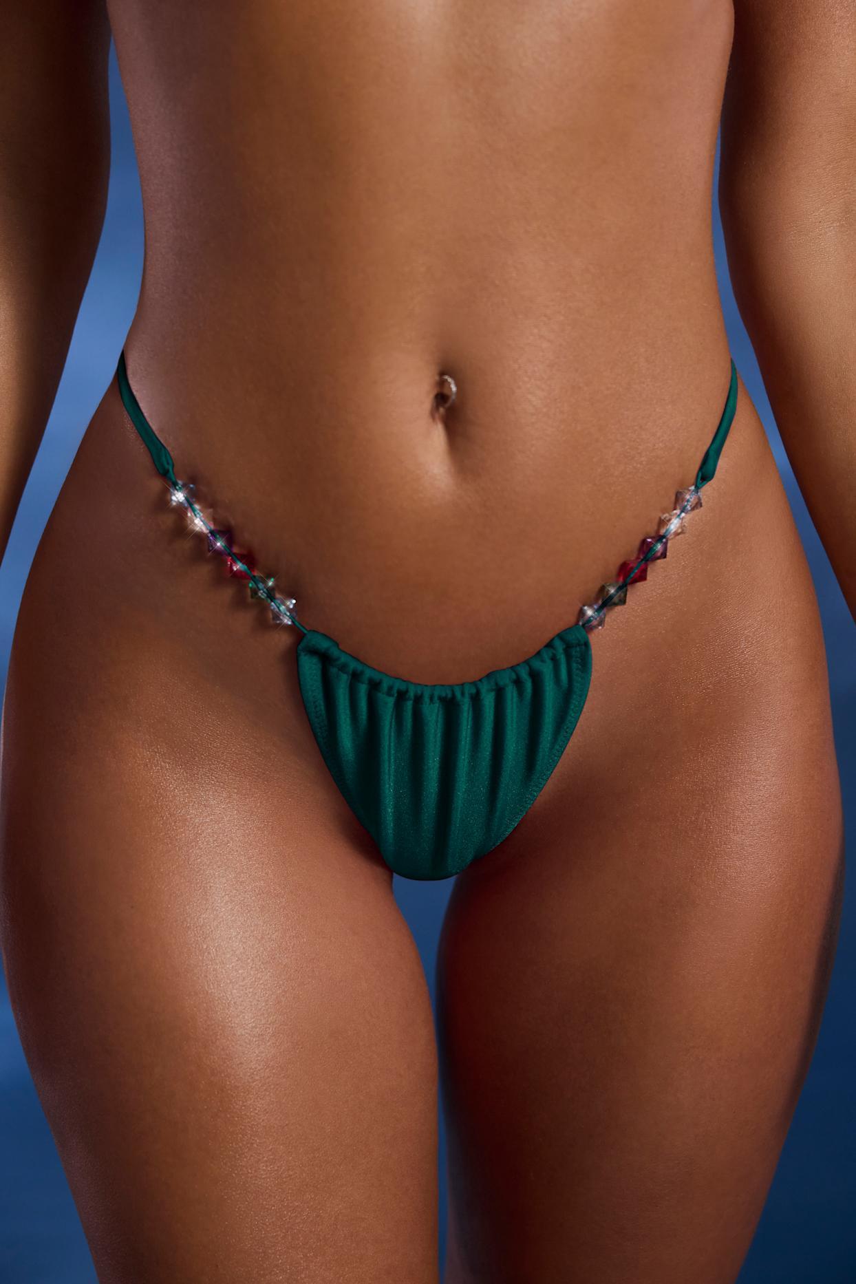 Bead-Embellished Drawstring Thong Bikini Bottoms in Jade Green Product Image