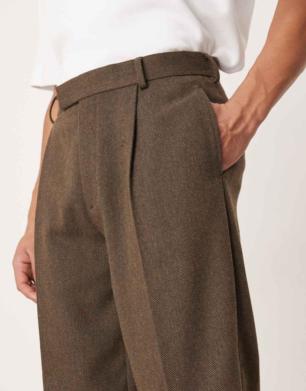 ASOS DESIGN oversized tapered suit pants with pleat in brown herringbone wool Product Image