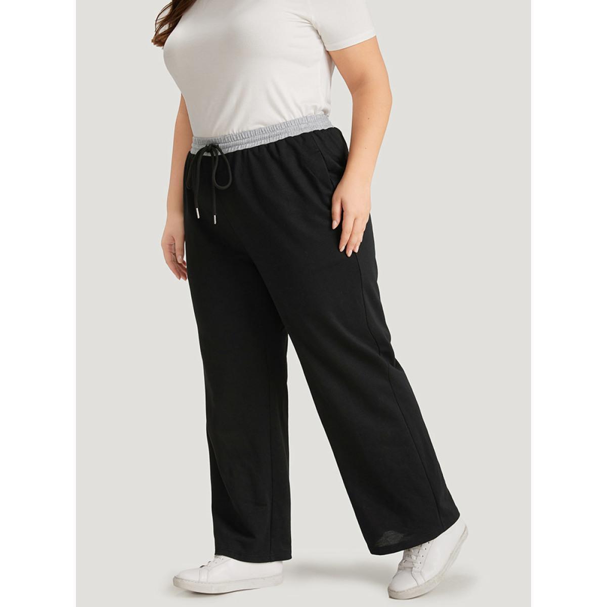 Plus Size Contrast Patchwork Drawstring Straight Leg Pants Women Black Casual High Rise Dailywear Pants BloomChic 30/6X Product Image