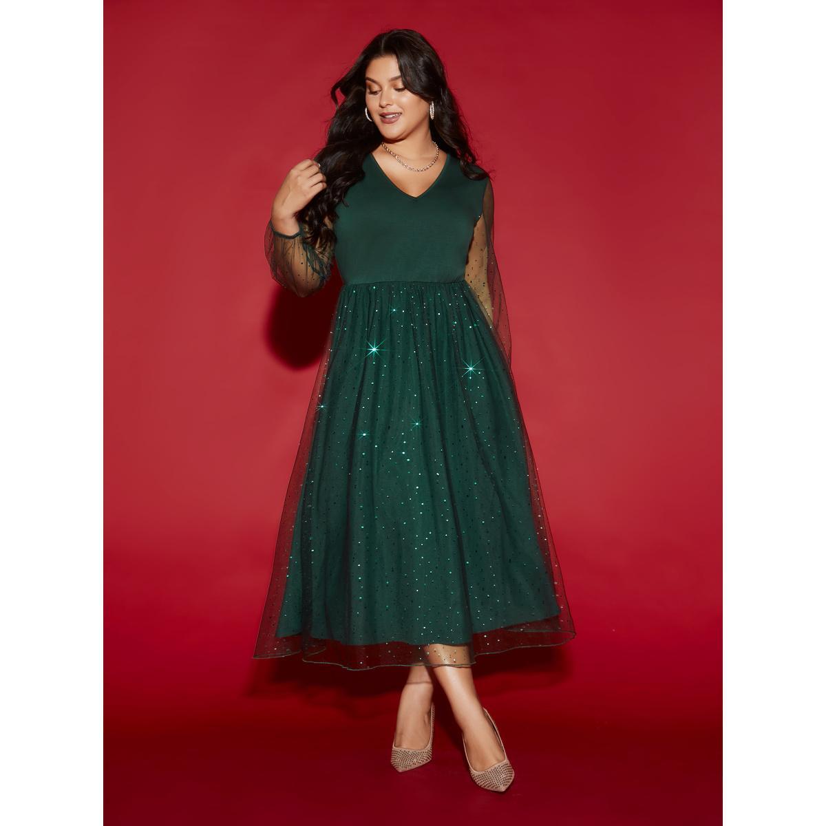 Plus Size Sheer Mesh Shimmering Sequins Maxi Dress Cyan Women Cocktail Texture Party Curvy Bloomchic 18-20/2X Product Image