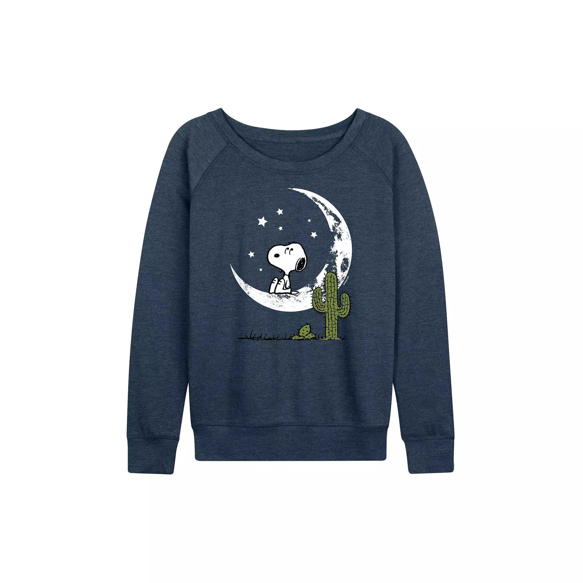 Womens Peanuts Snoopy Desert On Moon French Terry Long Sleeve Tee, Girls Grey Indigo Product Image