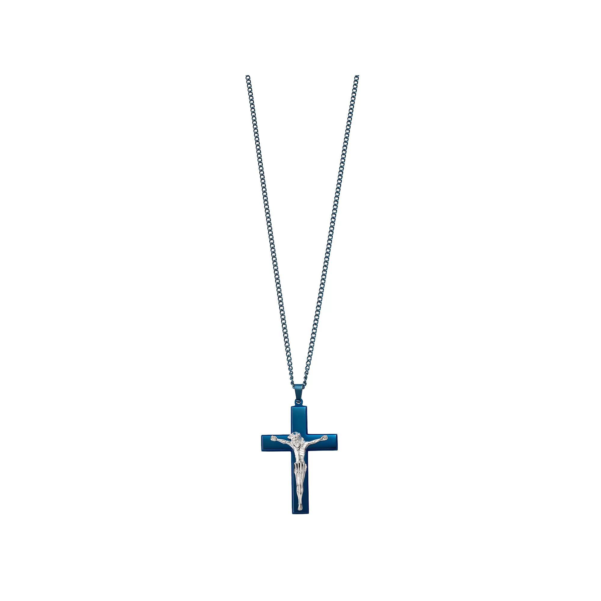 Kristen Kesho Stainless Steel Blue Plated Crucifix Curb Chain Pendant Necklace, Men's, Size: 24" Product Image