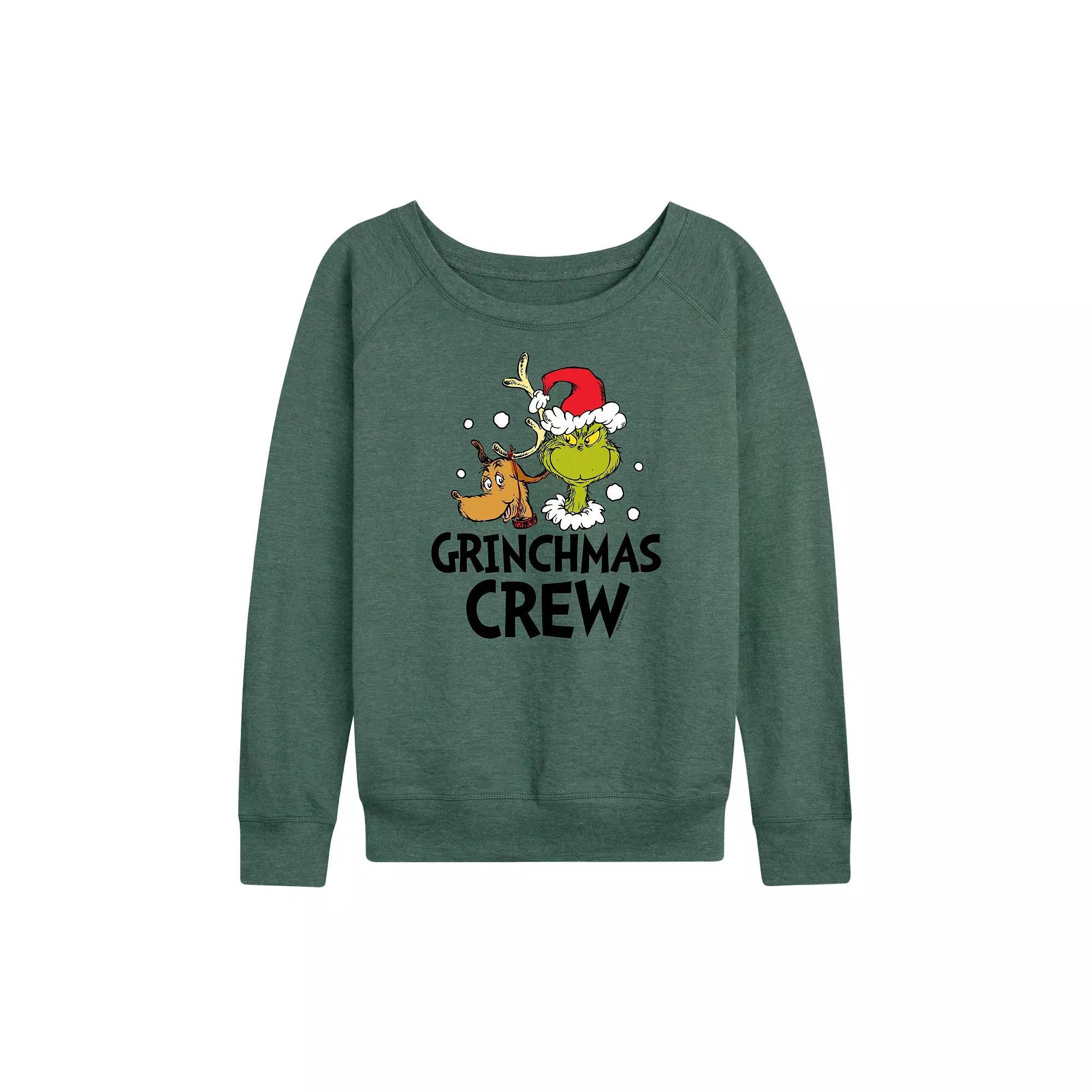 Womens Dr. Seuss The Grinch Grinchmas Crew French Terry Long Sleeve Tee, Girls Grey Green Product Image