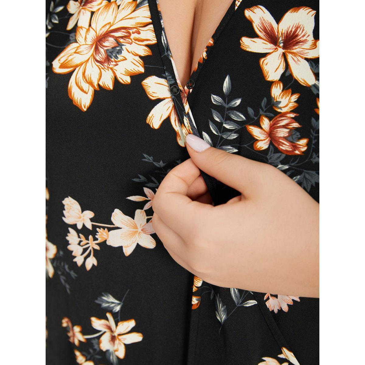 Plus Size Floral Print Surplice Neck Ruffle Sleeve Bodysuit Women Black Floral Bodysuits BloomChic 28/5X Product Image