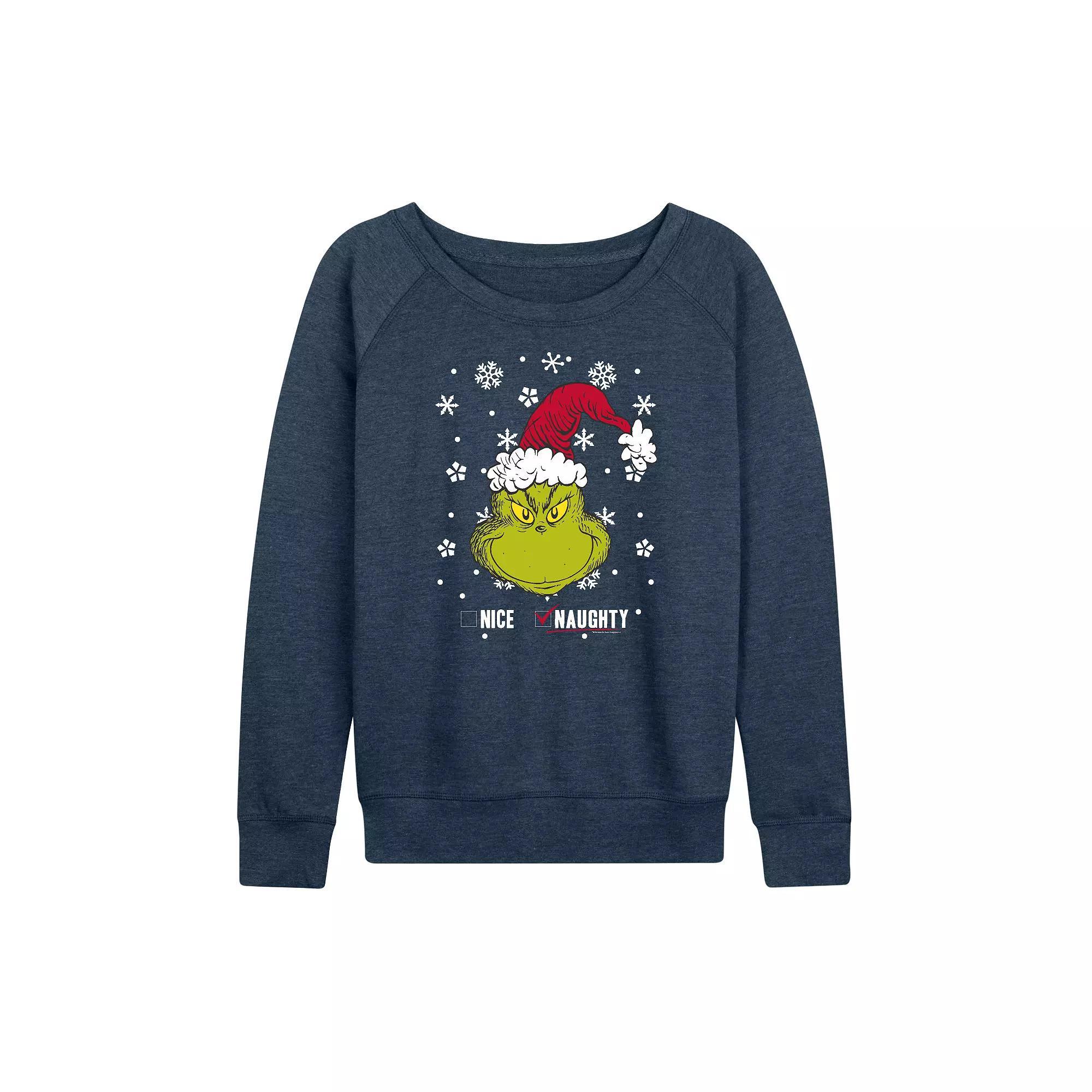 Women's Dr. Seuss The Grinch Naughty Or Nice French Terry Long Sleeve Tee, Girl's, Size: Large, Grey Indigo Product Image