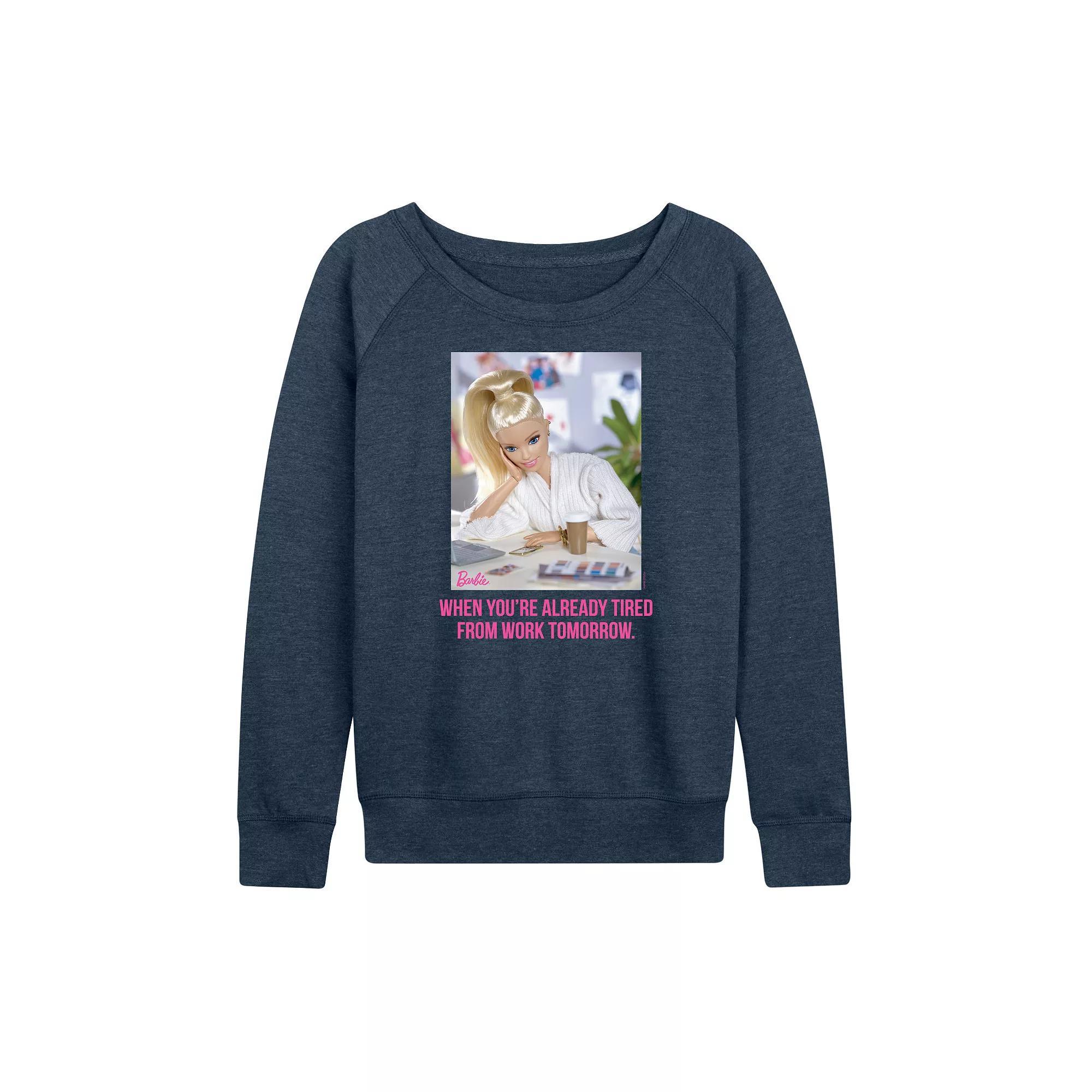 Womens Barbie Already Tired French Terry Long Sleeve Tee, Girls Grey Indigo Product Image