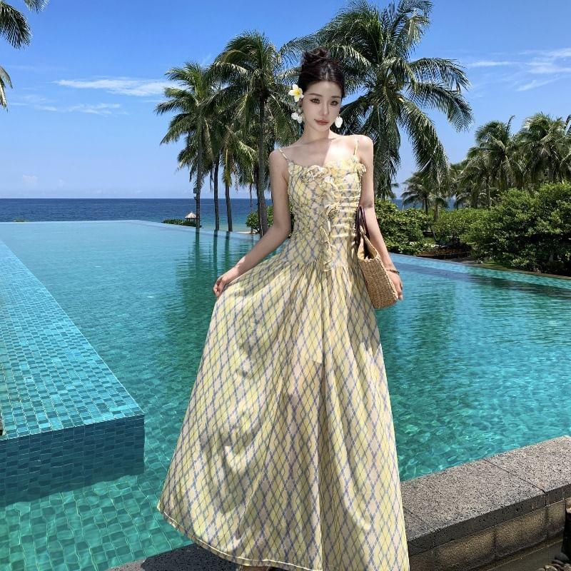 Spaghetti Strap Geometric Print Ruffle Maxi A-Line Dress Product Image
