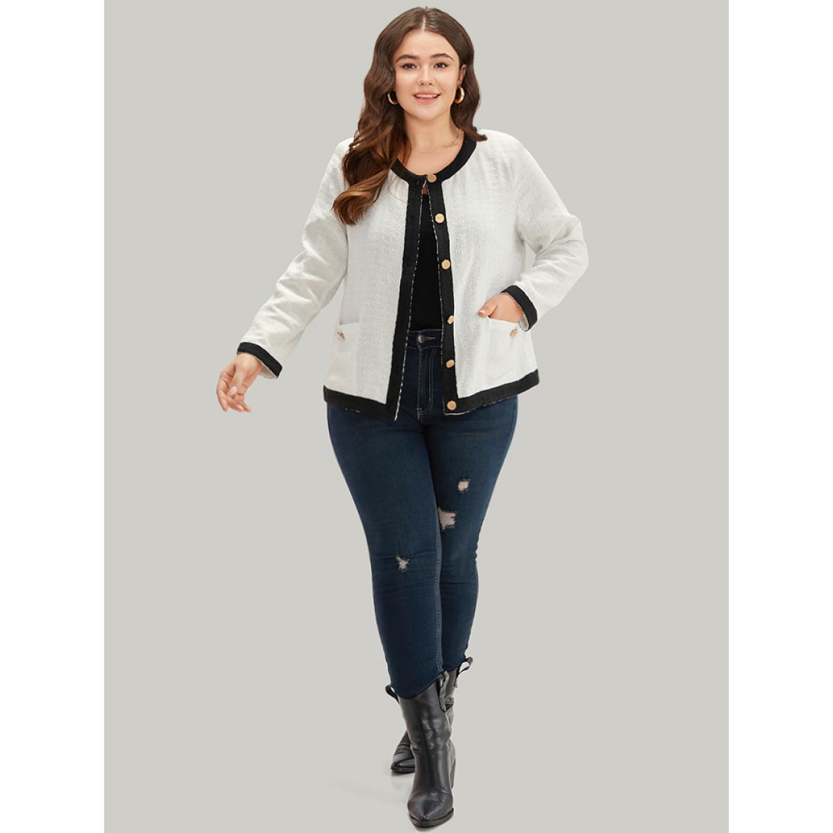Plus Size Two Tone Tweed Buckle Detail Pocket Blazer White Women Work Plain Texture Sleeve Long Sleeve Round Neck 12/L Pocket Work From Home Blazers BloomChic Product Image