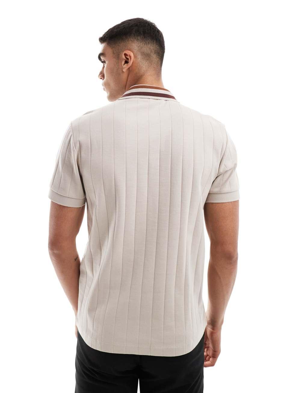 ASOS DESIGN tipped collar ribbed polo with chest embroidery in beige Product Image