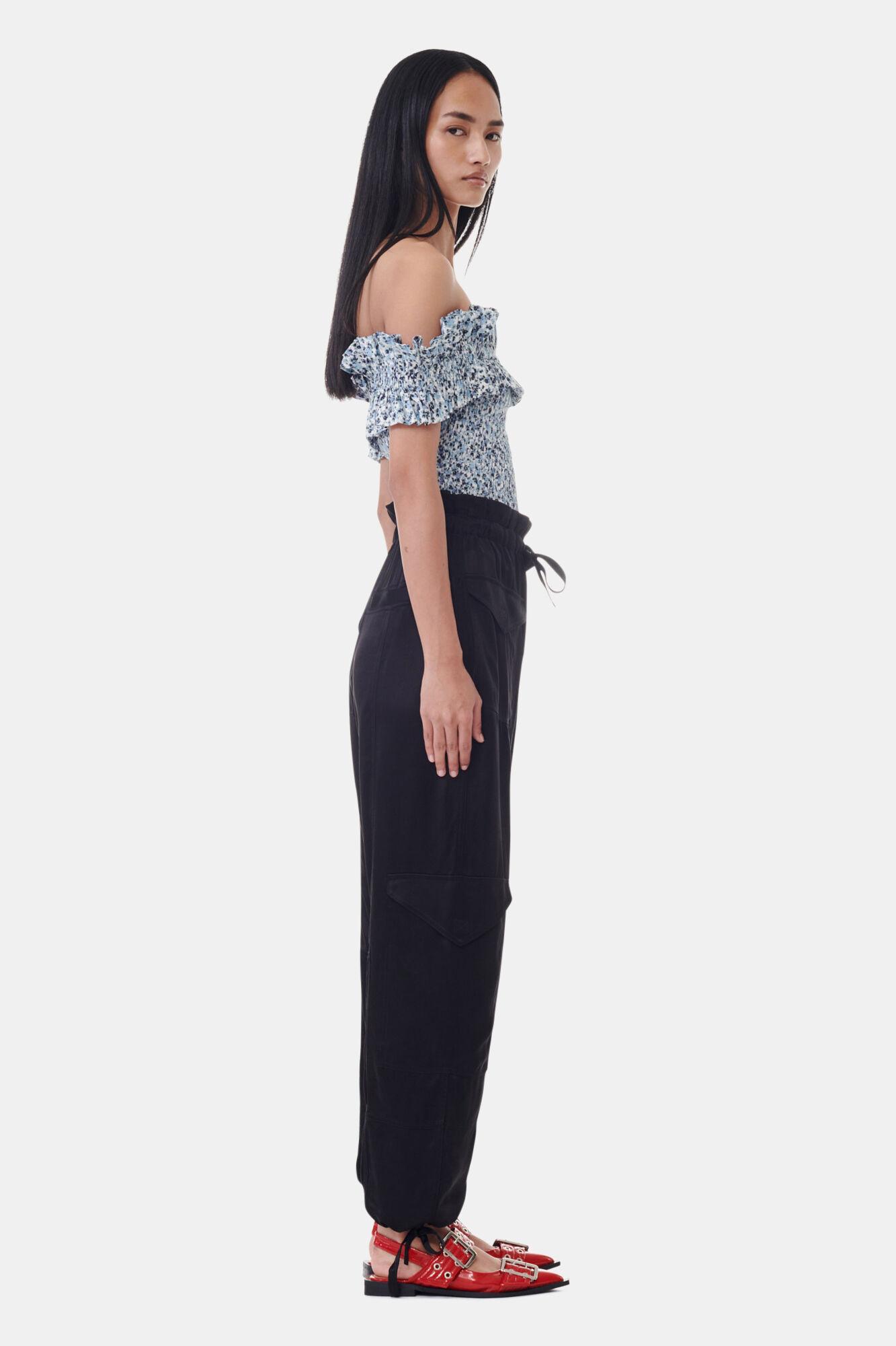 Blue Floral Printed Cotton Off-shoulder Smock Top Product Image