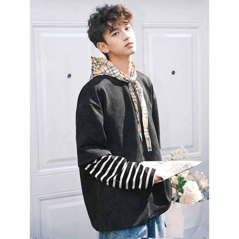 Mock Two-Piece Crew Neck Striped Panel Sweatshirt Product Image