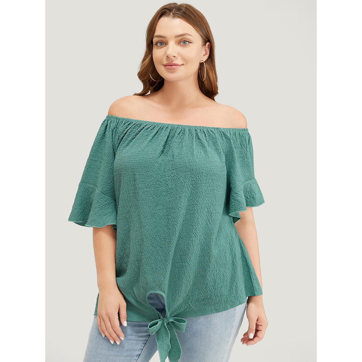 Plus Size Teal Solid Cut Out Knotted Hem Ruffle Sleeve One Shoulder Blouse Women Elegant Short sleeve One Shoulder Dailywear Blouses BloomChic 28/5X Product Image