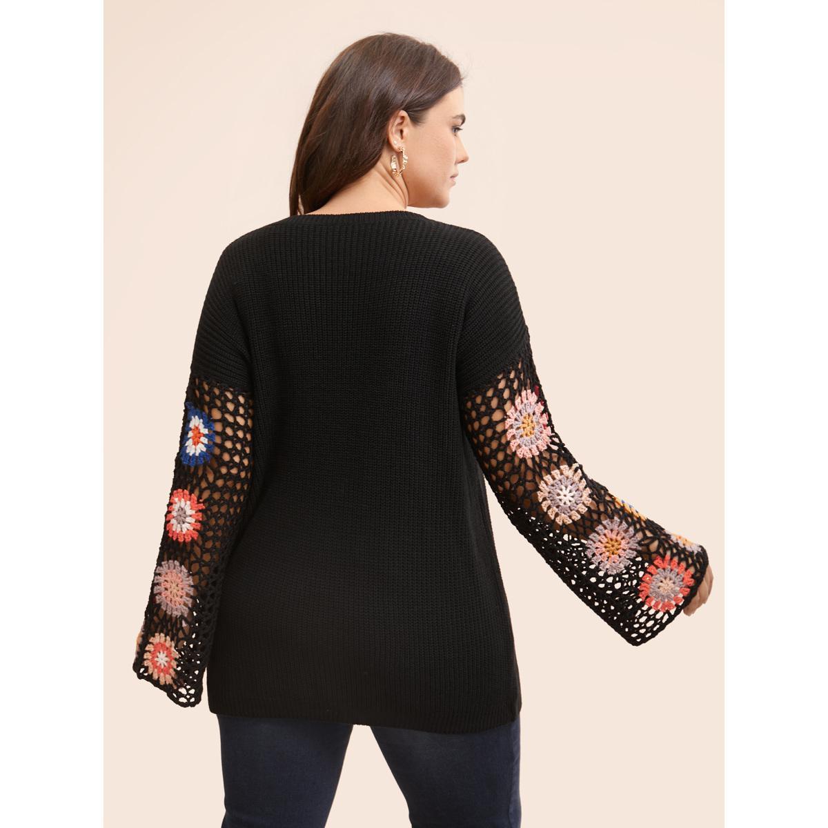 Plus Size Floral Embroidered Hollow Out Pullover Black Women Casual Long Sleeve V-neck Everyday Pullovers BloomChic 10/M Product Image