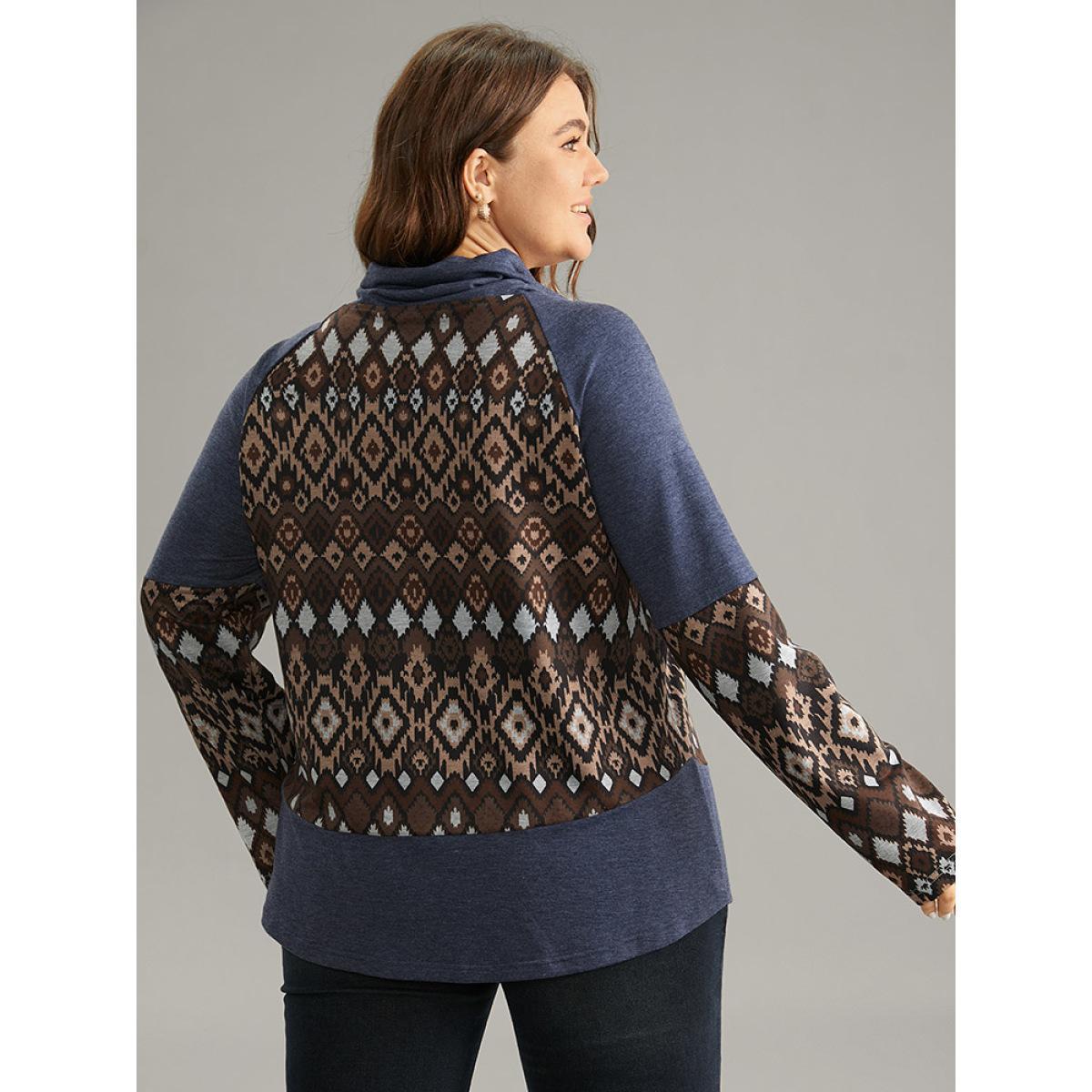 Plus Size Bandana Patchwork Mock Neck Raglan Sleeve Sweatshirt Women Indigo Casual Contrast Mock Neck Dailywear Sweatshirts BloomChic 22-24/3X Product Image