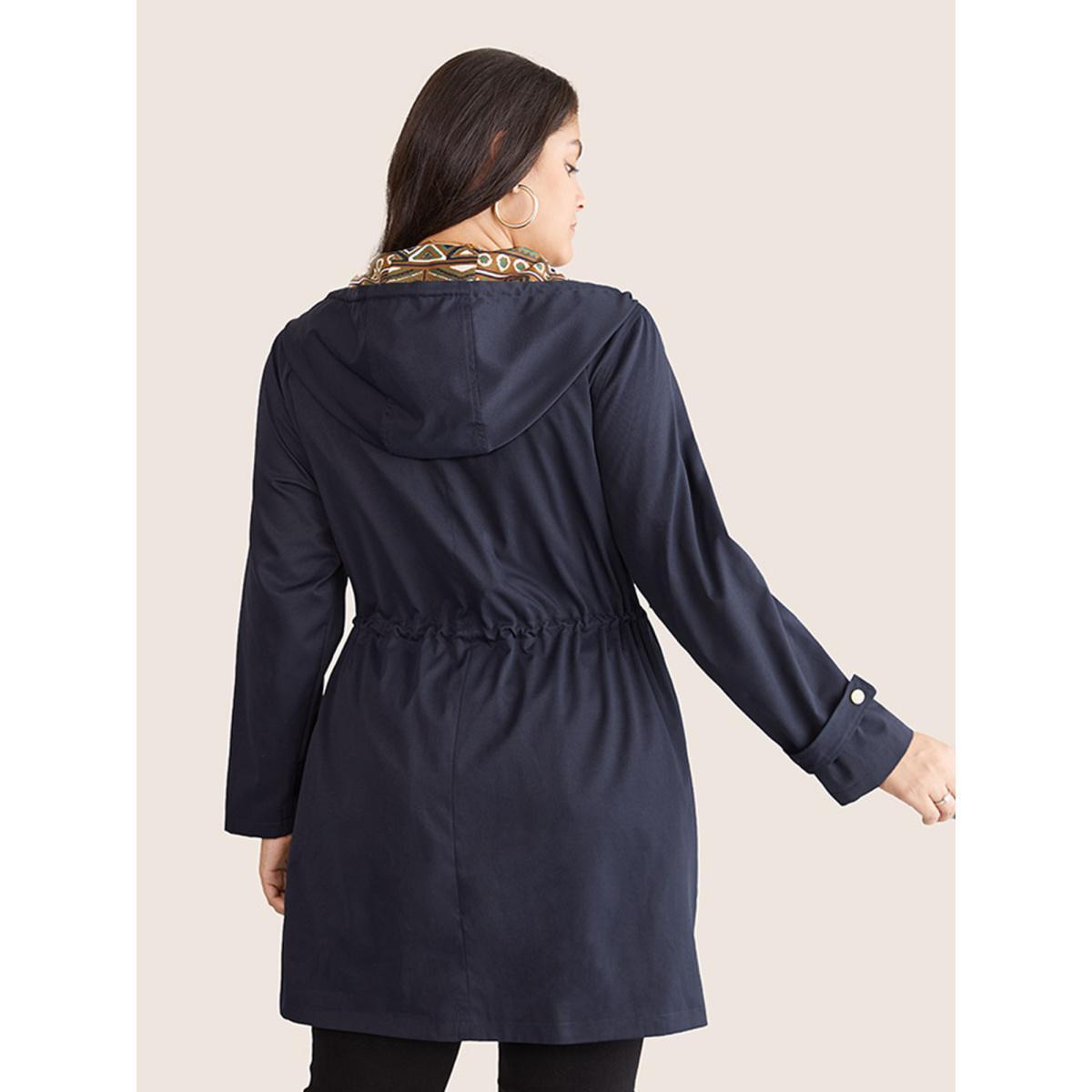 Plus Size Bandana Print Hooded Drawstring Snap Button Jacket Women Indigo Patchwork Pocket Everyday Jackets BloomChic 14-16/1X Product Image