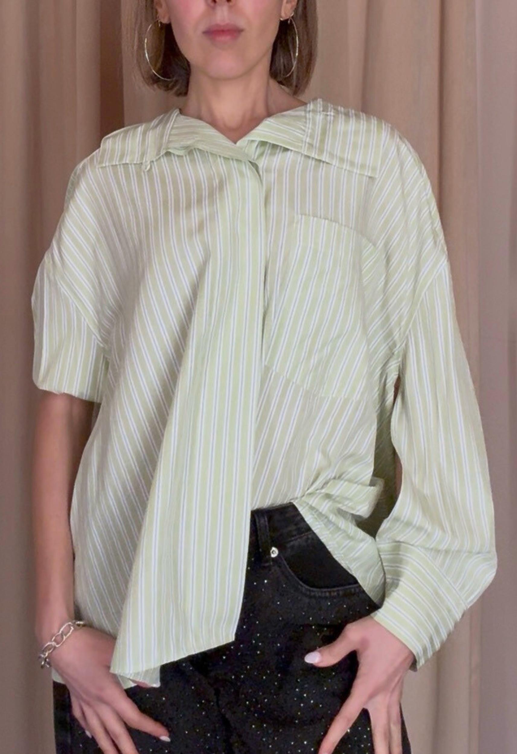 High Collar Button Down in Green Stripe Product Image