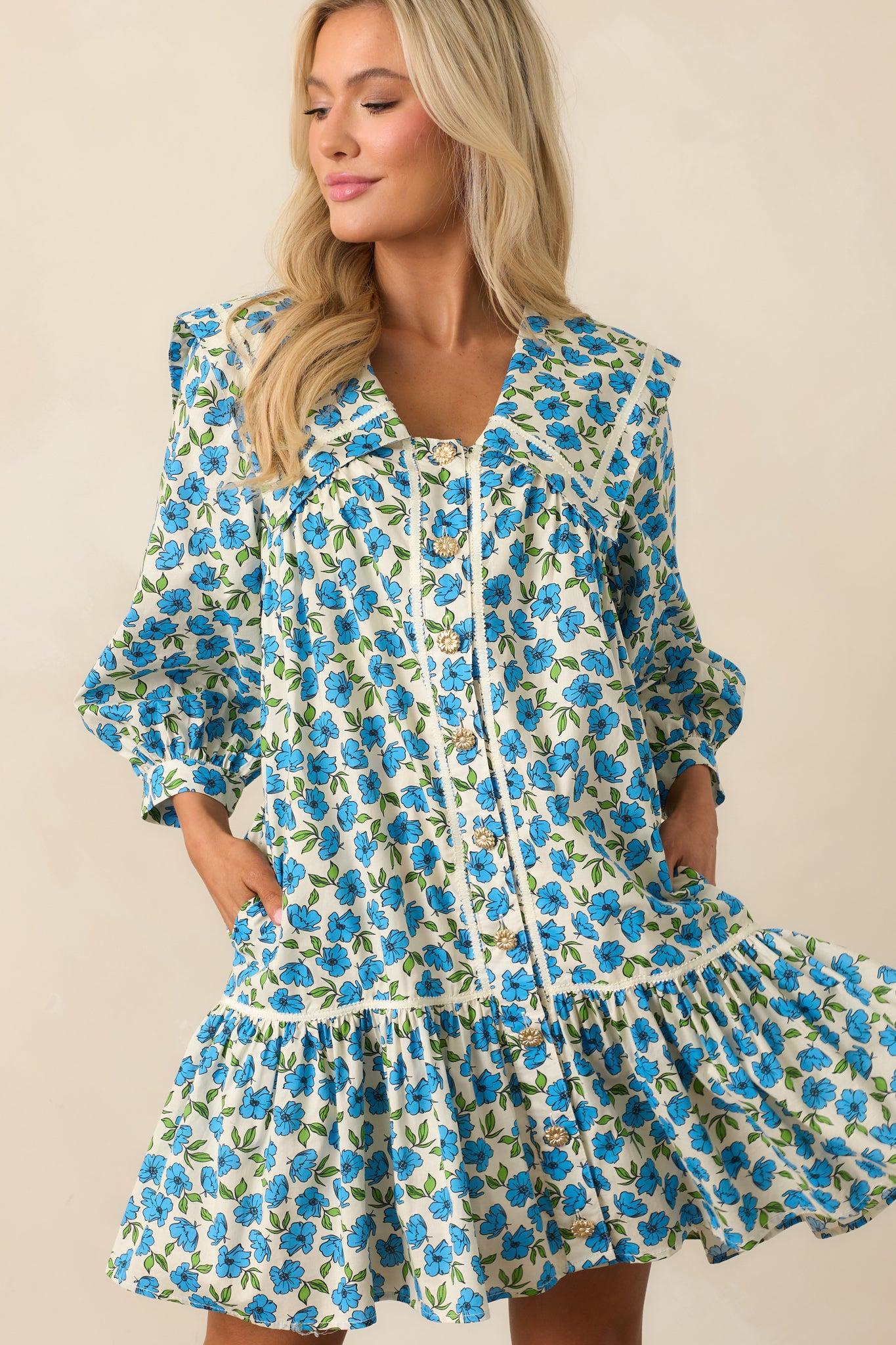 Butterfly Garden Blue Cotton Button Front Mini Dress Product Image