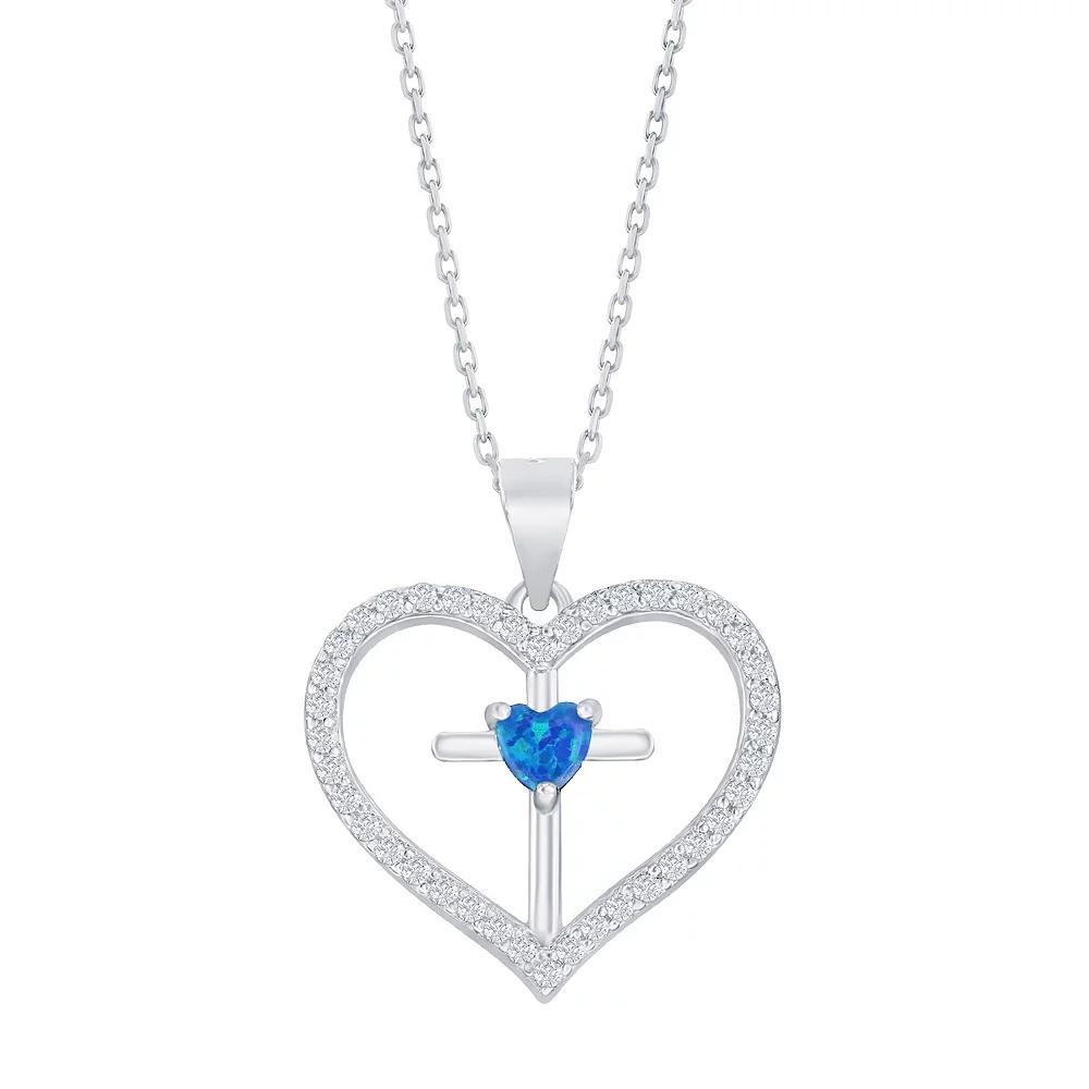 Sterling Silver Opal & Cubic Zirconia Cross Heart Pendant Necklace, Women's, Size: 18", Blue Product Image