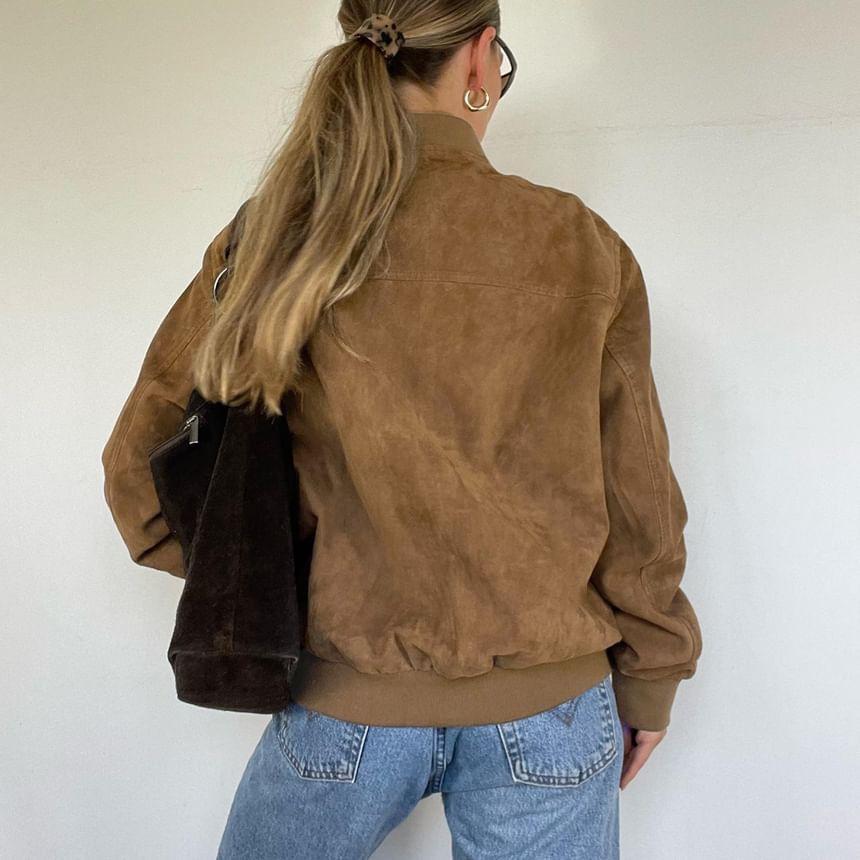 Plain Faux Suede Zip Baseball Jacket Product Image