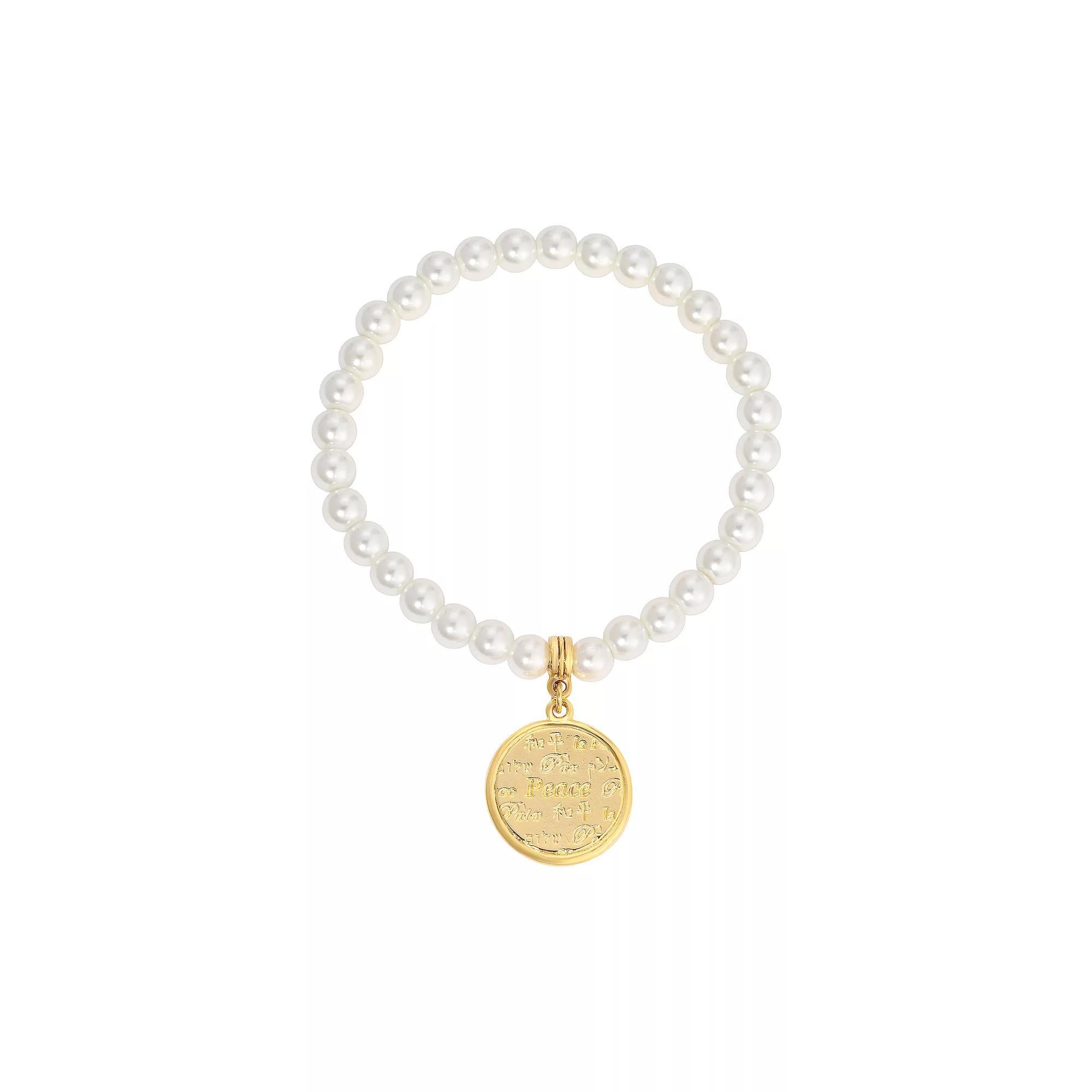 1928 Simulated Pearl Multilingual Peace Medallion Stretch Bracelet, Womens, White Product Image