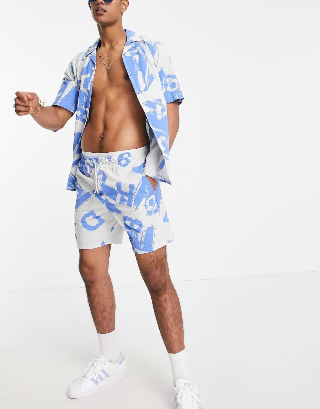 Only & Sons shorts in textured blue print - part of a set  Product Image