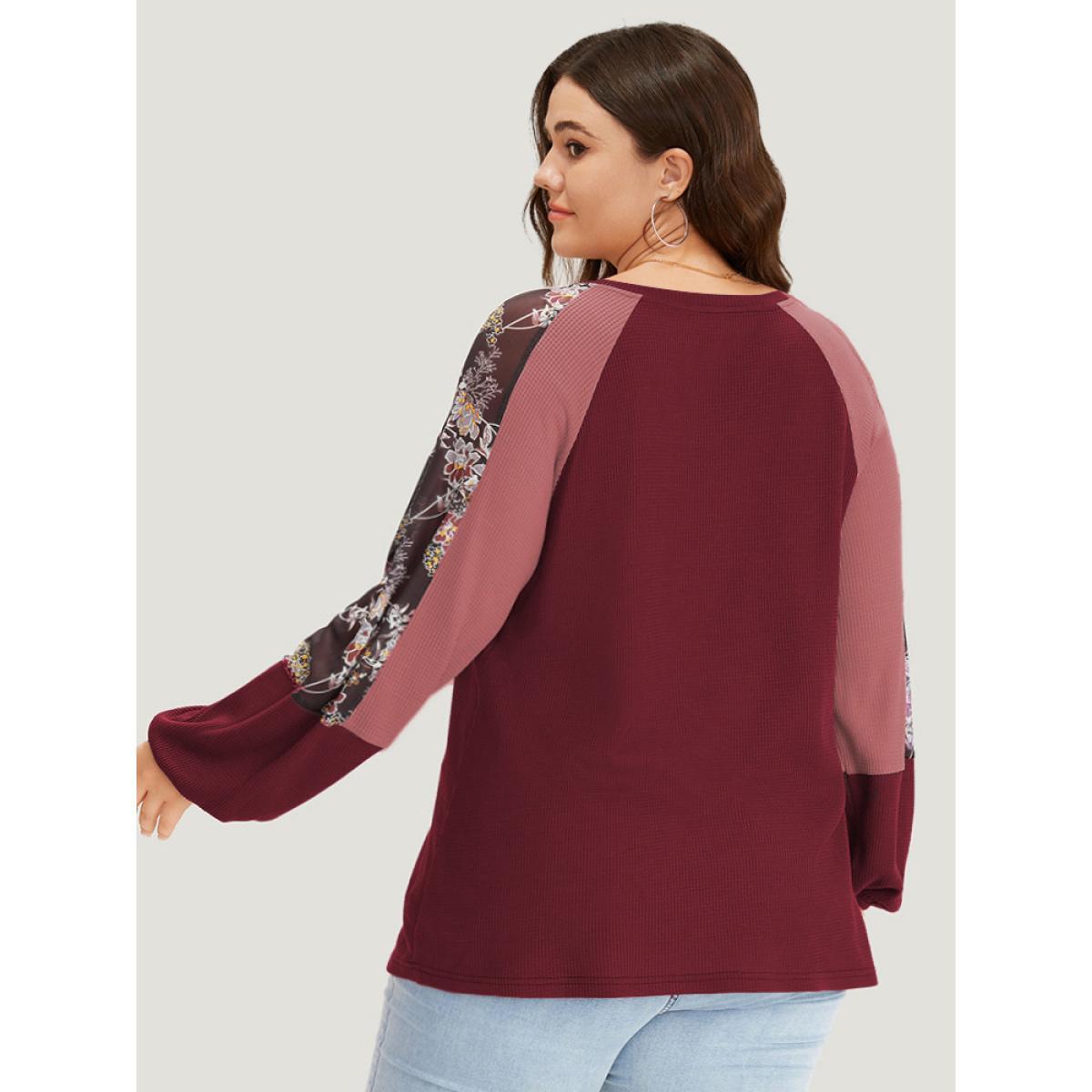 Plus Size Floral Mesh Patchwork Lantern Sleeve Sweatshirt Women Scarlet Elegant Patchwork Round Neck Dailywear Sweatshirts BloomChic 14-16/1X Product Image