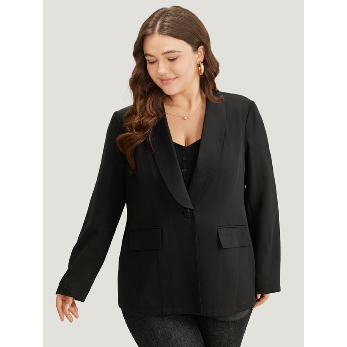 Plus Size Plain Suit Collar Button Up Pocket Blazer Black Women Work Plain Plain Sleeve Long Sleeve Suit Collar 14-16/1X Pocket At the Office Blazers BloomChic Product Image