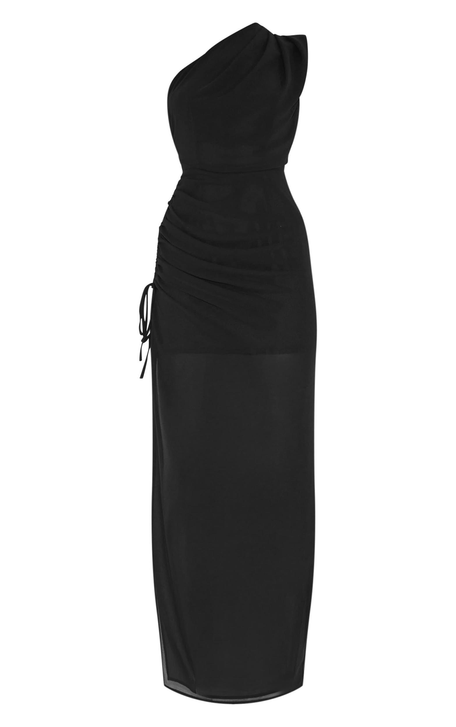 Black Chiffon One Shoulder Ruched Maxi Dress Product Image