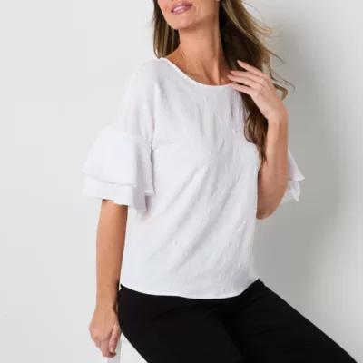 Liz Claiborne Womens Round Neck Elbow Sleeve Blouse Product Image