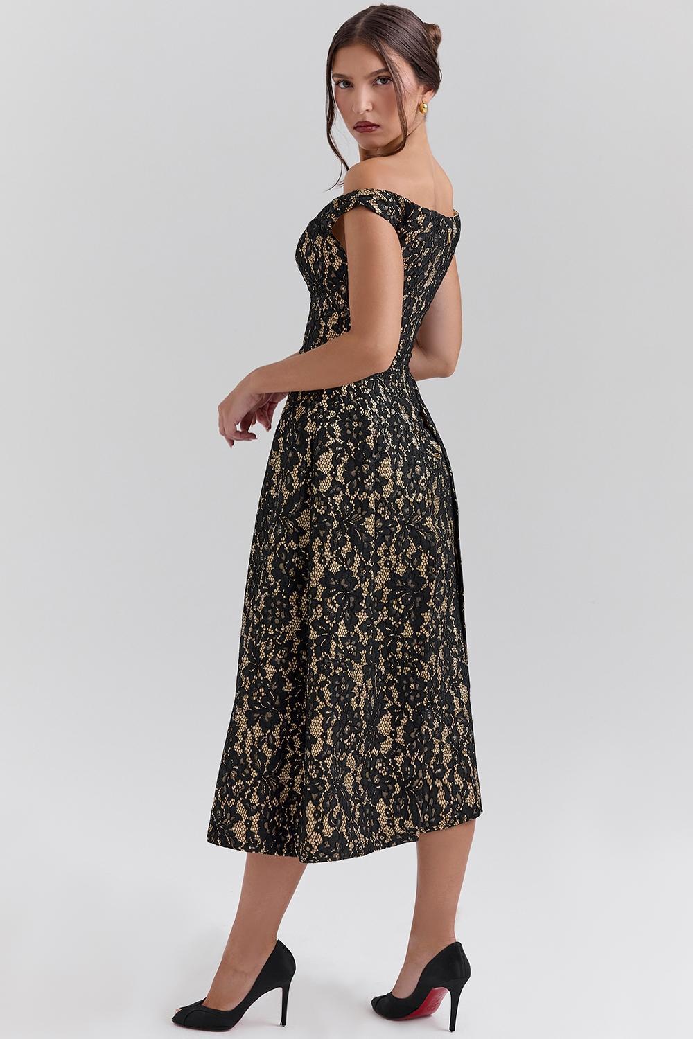 Charming  black gold lace off shoulder midi gown Product Image