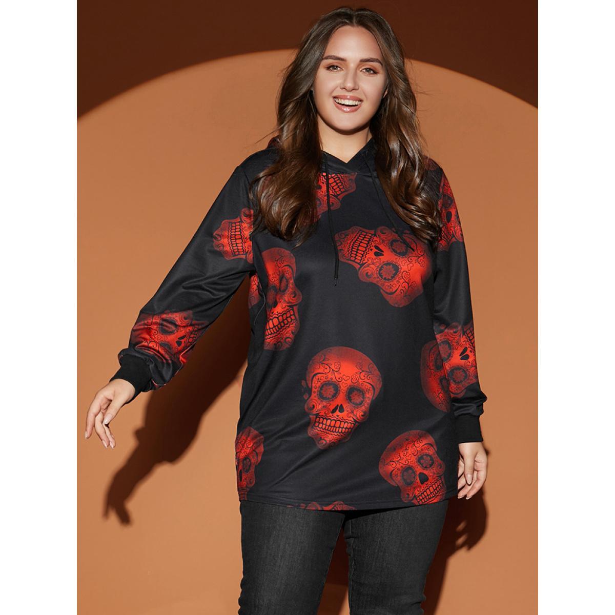 Plus Size Halloween Skull Print Pocket Drawstring Hooded Sweatshirt Women Black Casual Pocket Hooded Dailywear Sweatshirts BloomChic 30/6X Product Image